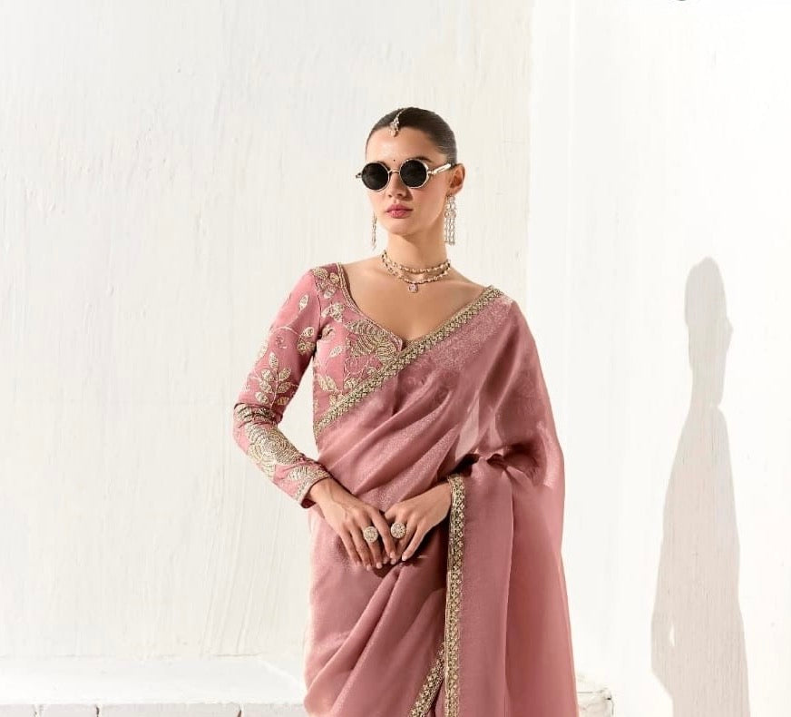 Musk Mist Organza Readymade Saree With Fancy Blouse Piece