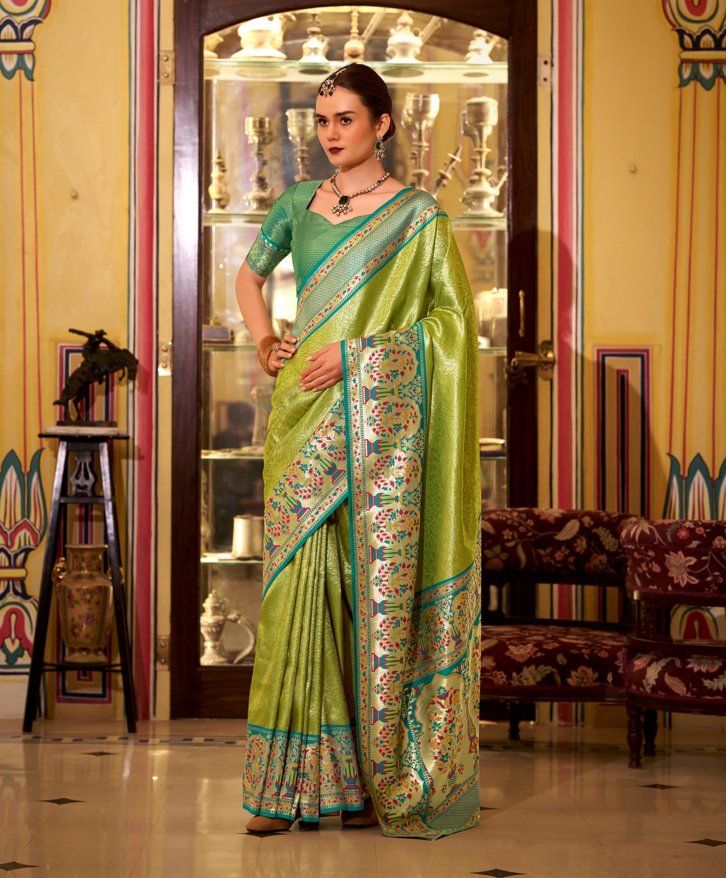 Green Tissue Banarasi Silk Readymade/Easy Saree