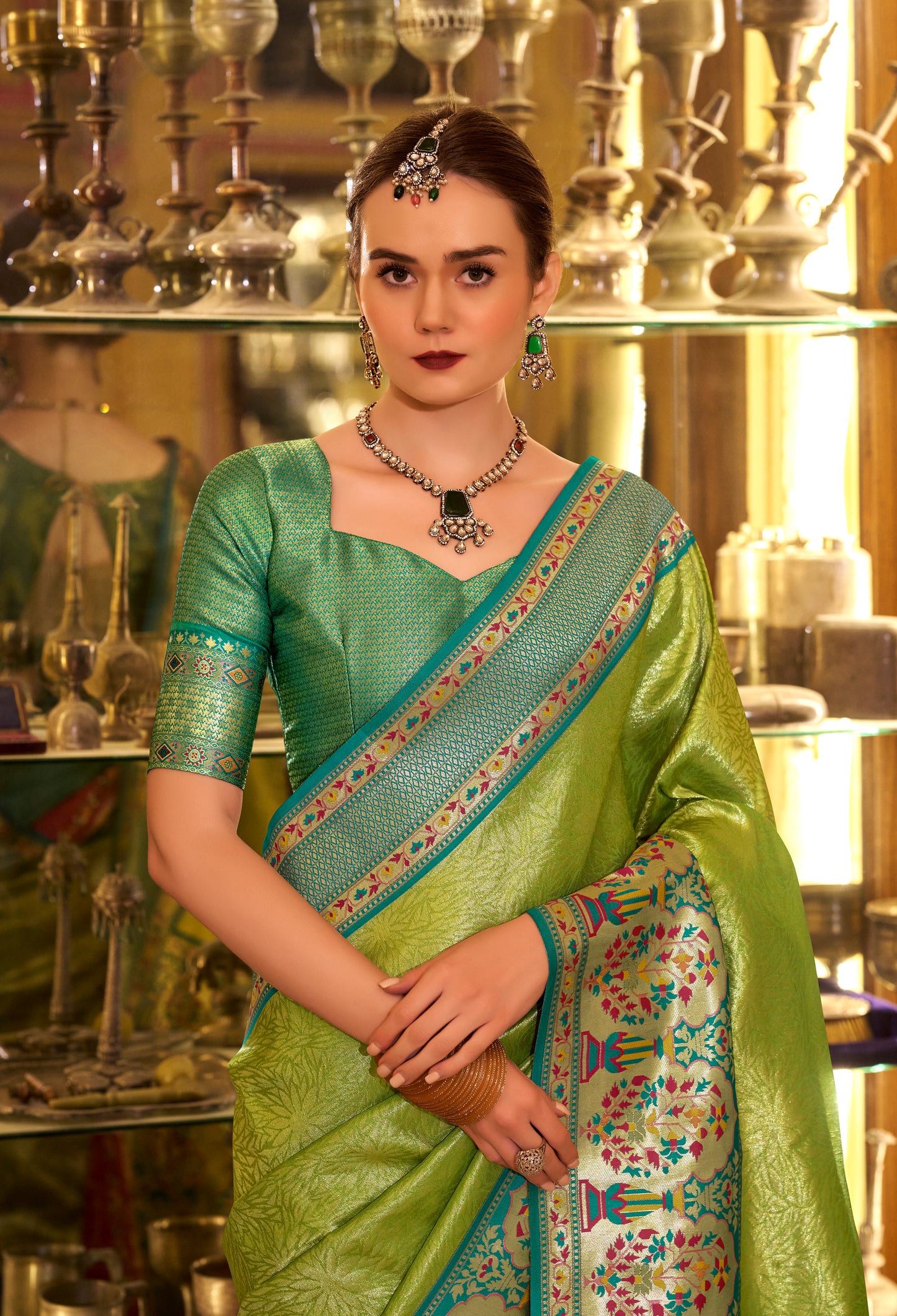 Green Tissue Banarasi Silk Readymade/Easy Saree