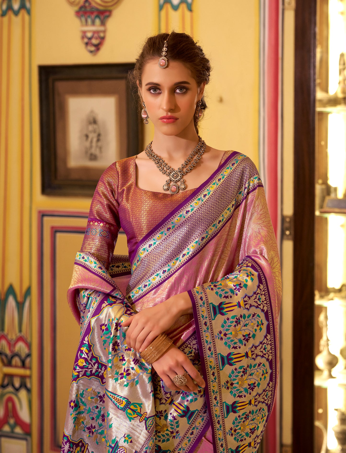 Pink Tissue Banarasi Silk Readymade/Easy Saree