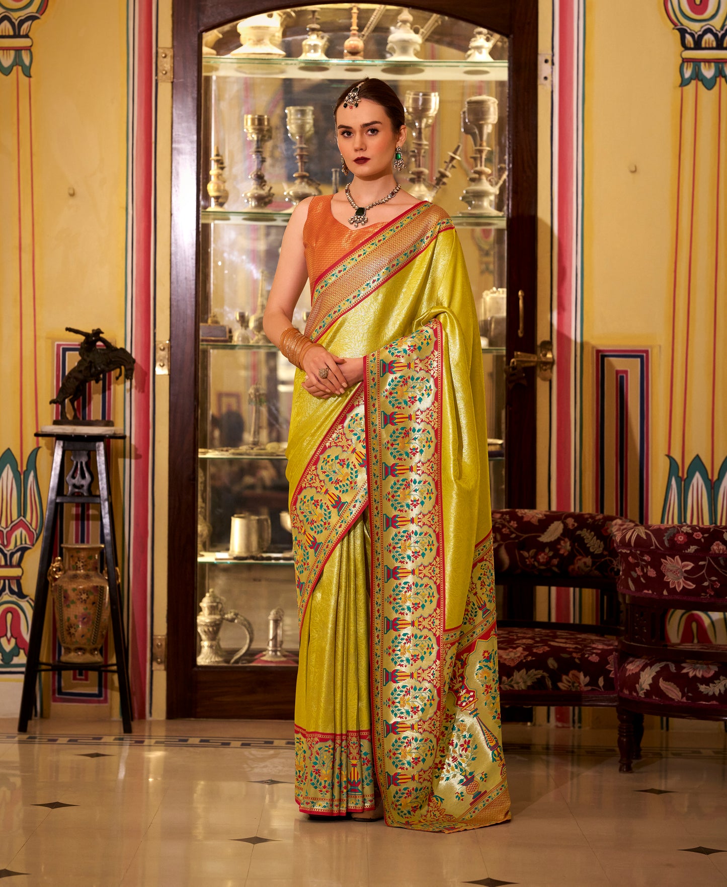 Yellow Tissue Banarasi Silk Readymade/Easy Saree