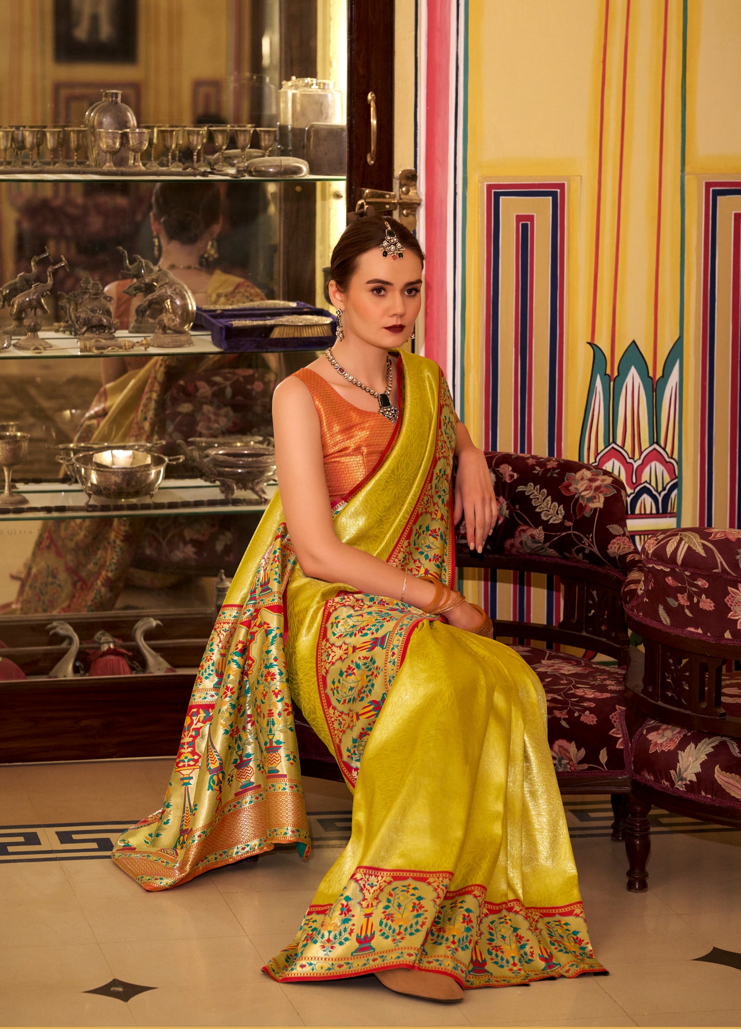 Yellow Tissue Banarasi Silk Readymade/Easy Saree