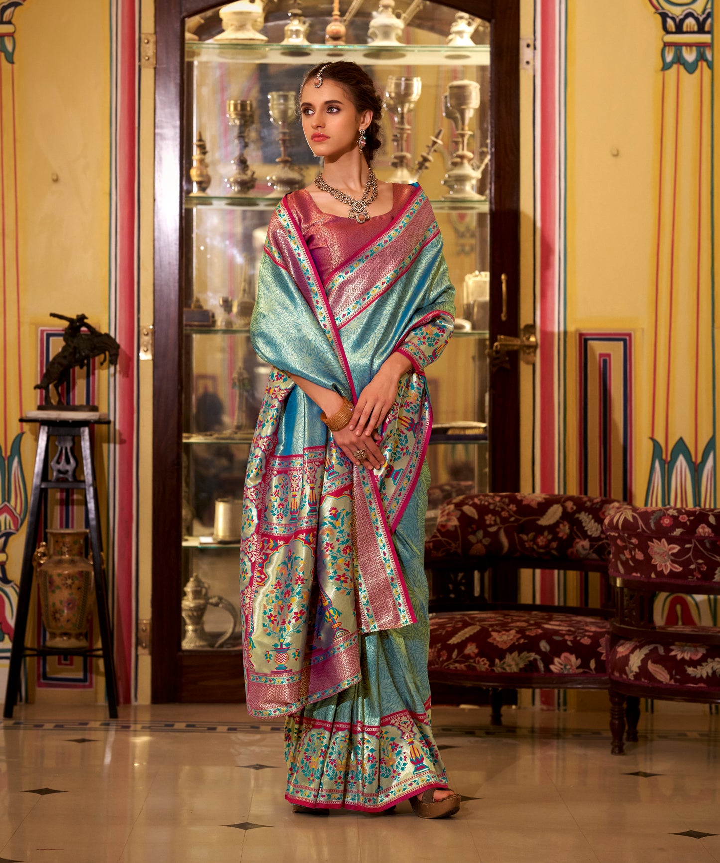Pastel Blue Tissue Banarasi Silk Readymade/Easy Saree