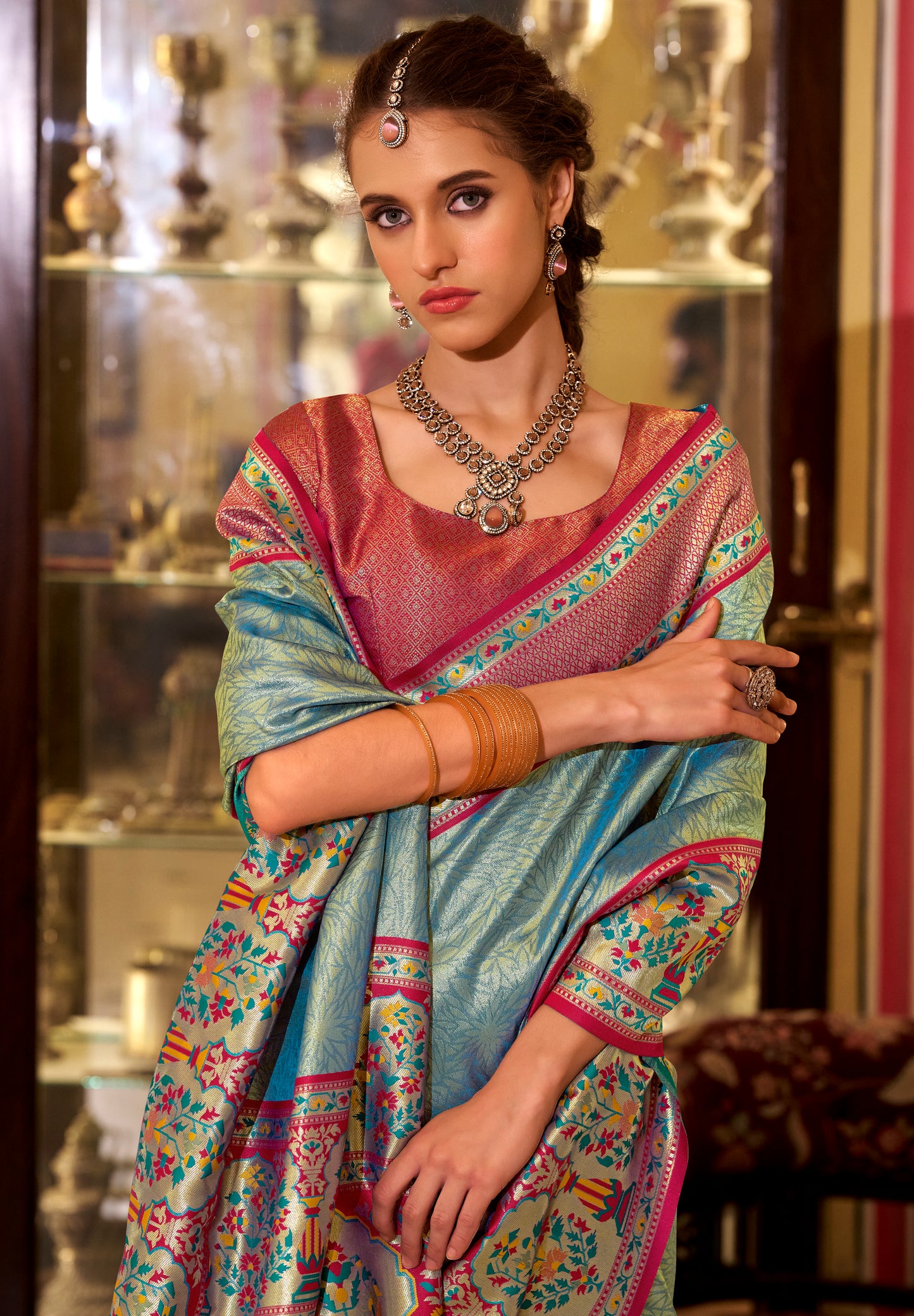 Pastel Blue Tissue Banarasi Silk Readymade/Easy Saree