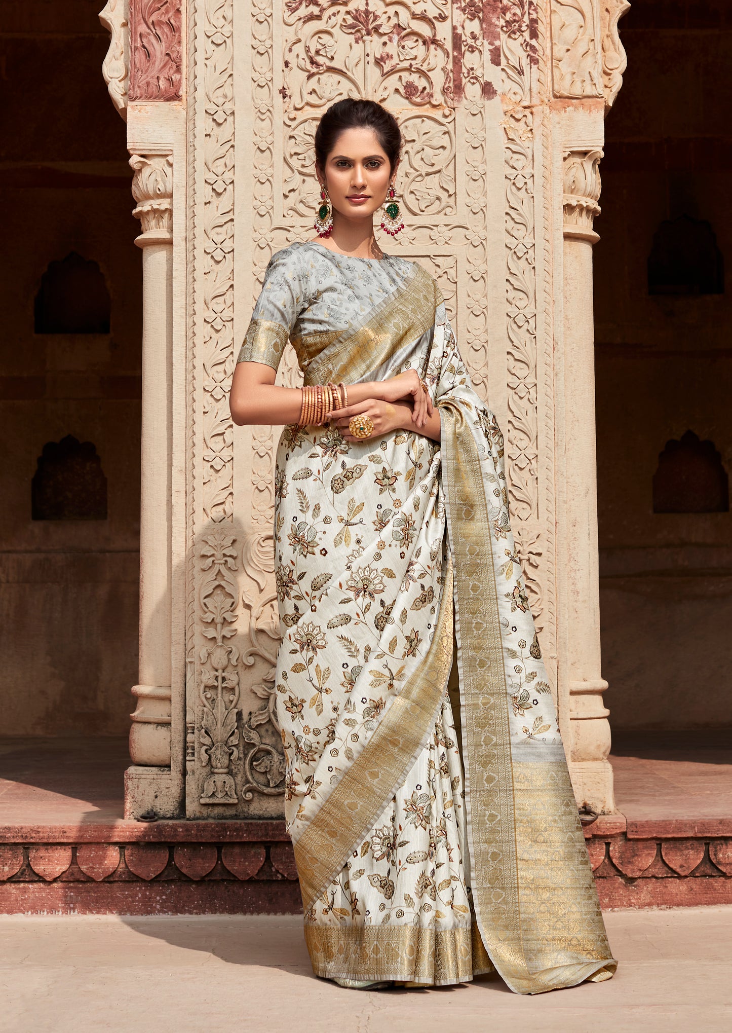 Off-White Printed Soft Silk Readymade/Easy Saree