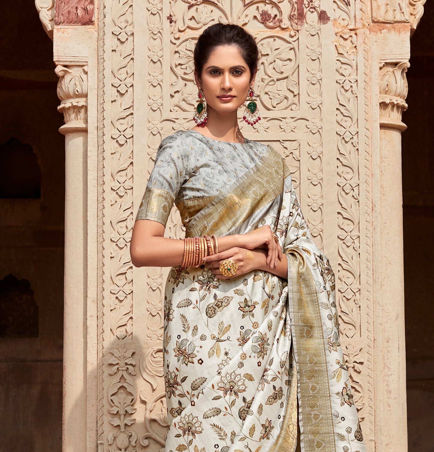 Off-White Printed Soft Silk Readymade/Easy Saree