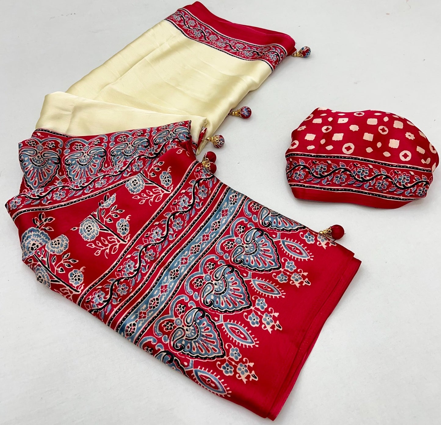 Cream & Red Crepe Silk Readymade/Easy Saree