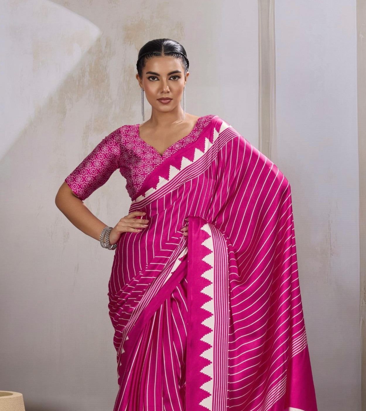 Pink Crepe Silk Readymade Saree