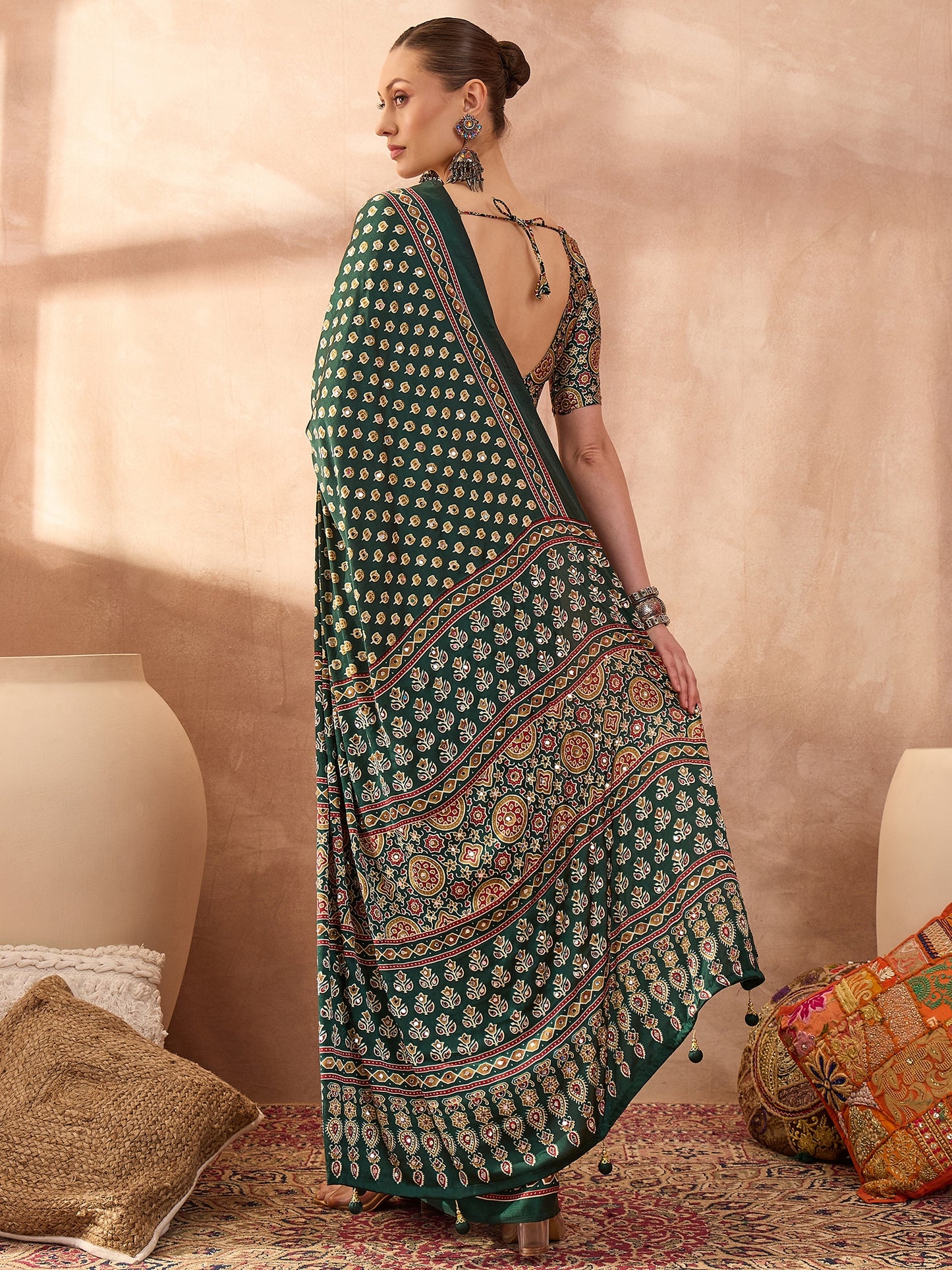 Green Mirror Crepe Silk Ready To Wear/Easy Saree