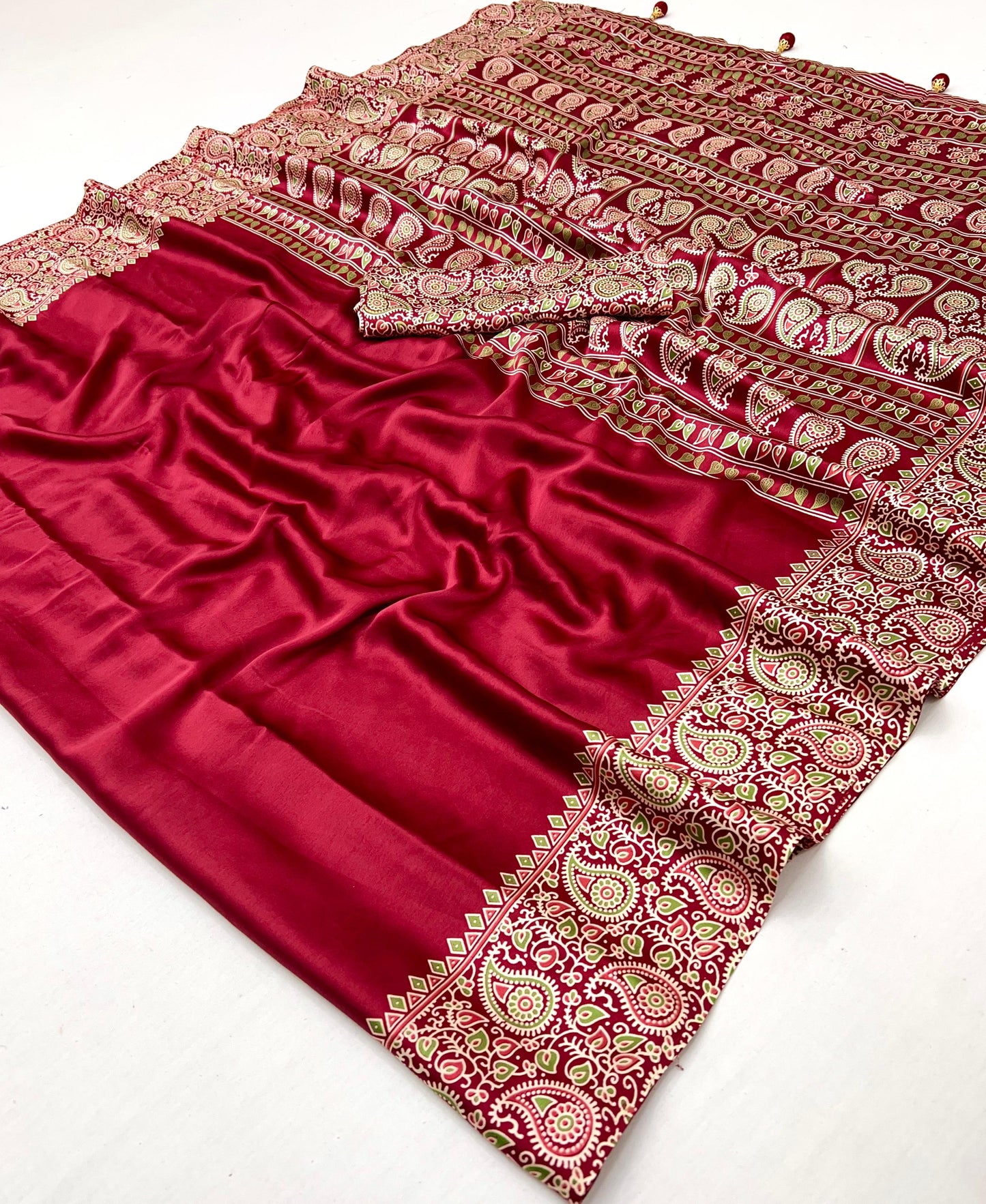 Red Readymade Crepe Ajrakh Silk Saree