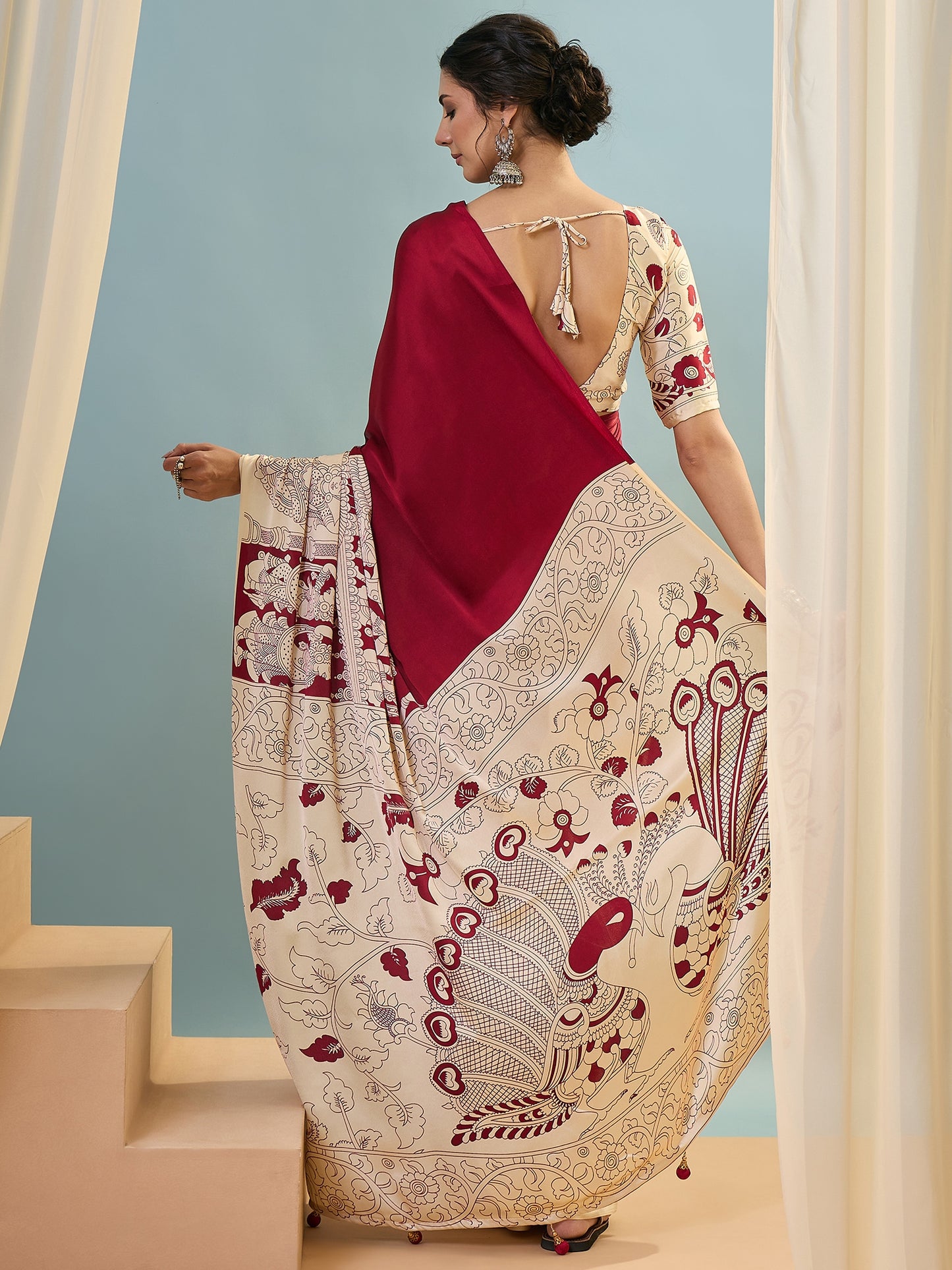 Red & Beige Crepe Silk Readymade/Easy Saree - Panaash Saree