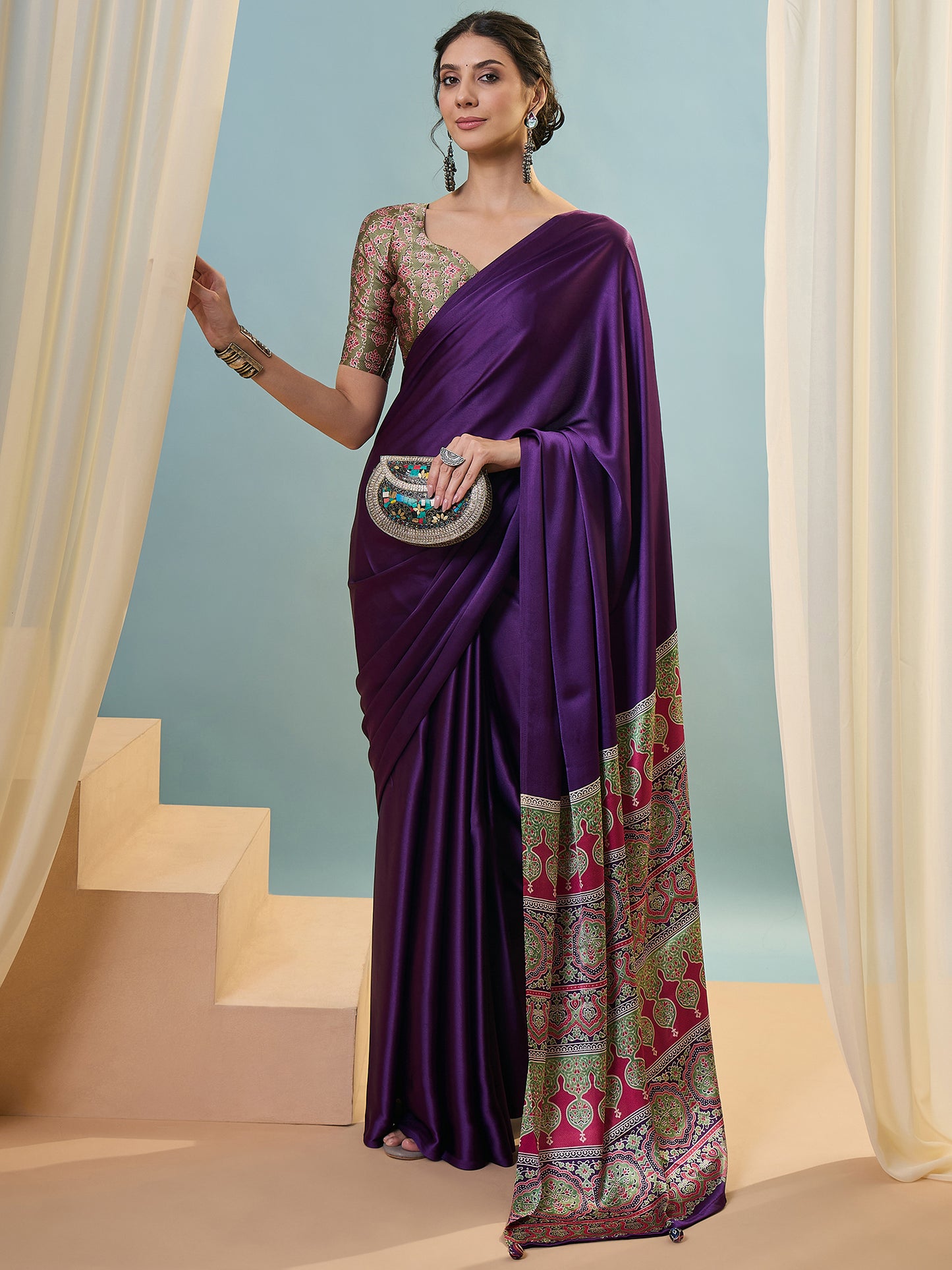 Purple Crepe Silk Ready To Wear/Easy Saree - Panaash Saree