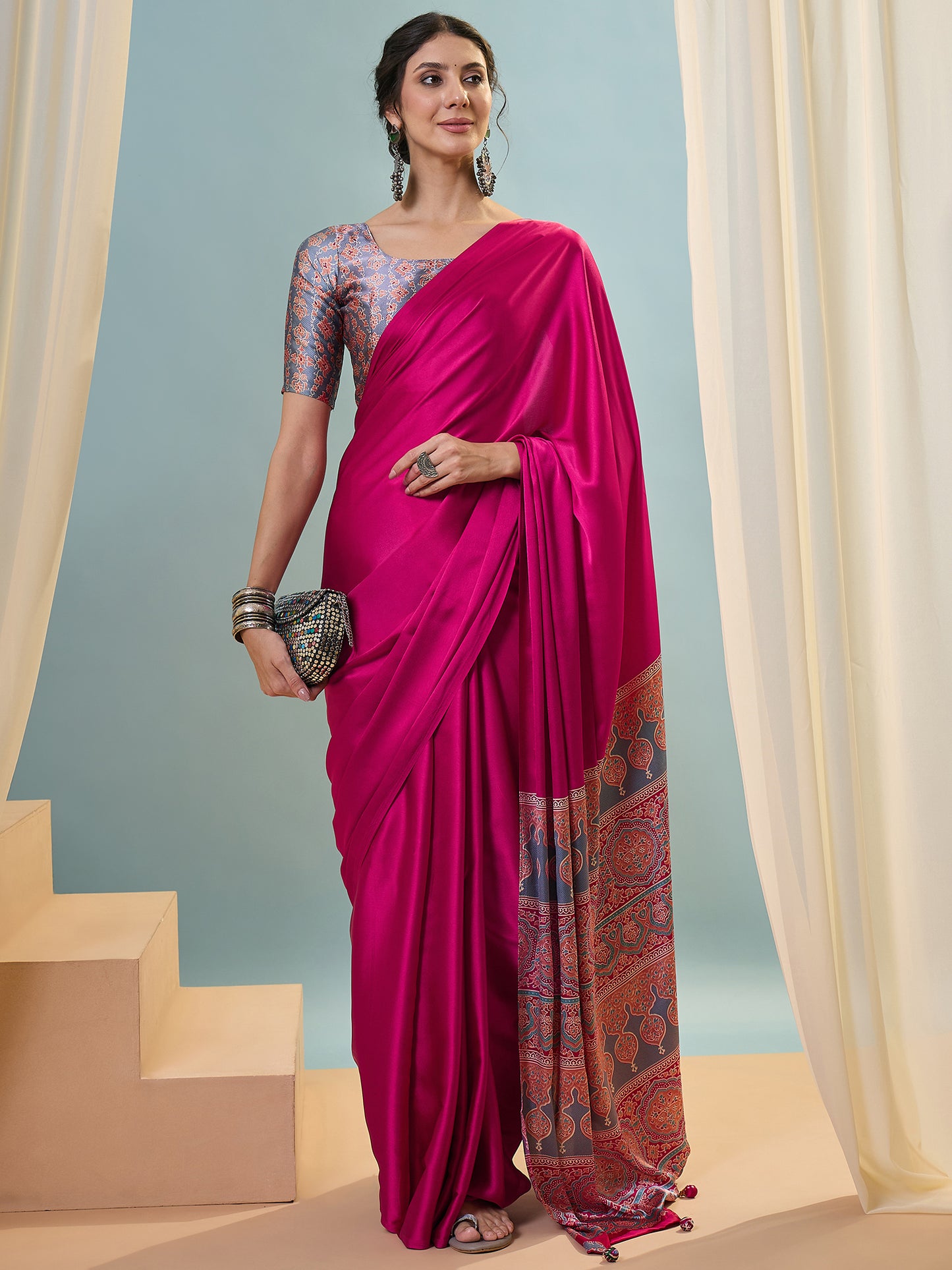 Pink Crepe Silk Ready To Wear/Easy Saree - Panaash Saree