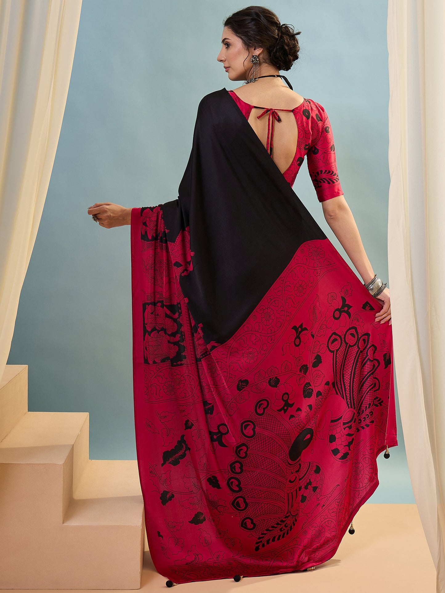 Black & Red Crepe Silk Readymade/Easy Saree - Panaash Saree