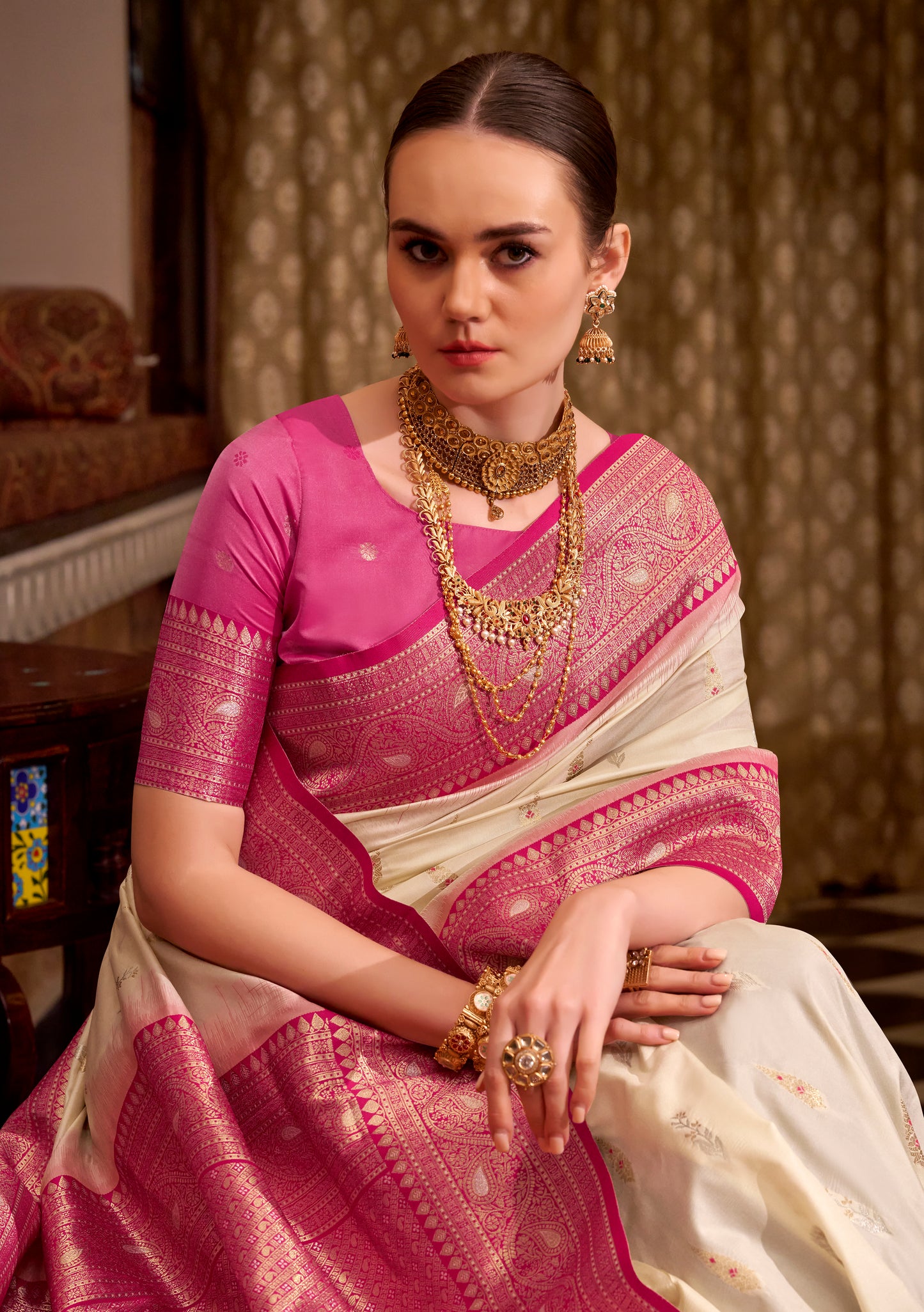 Off White Kanjivaram Silk Readymade/Easy Saree