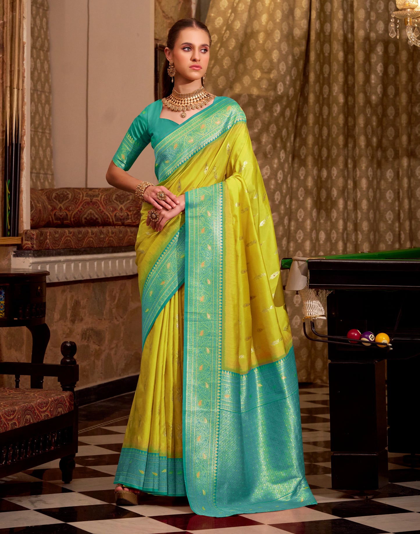 Lime Color Kanjivaram Silk Readymade/Easy Saree