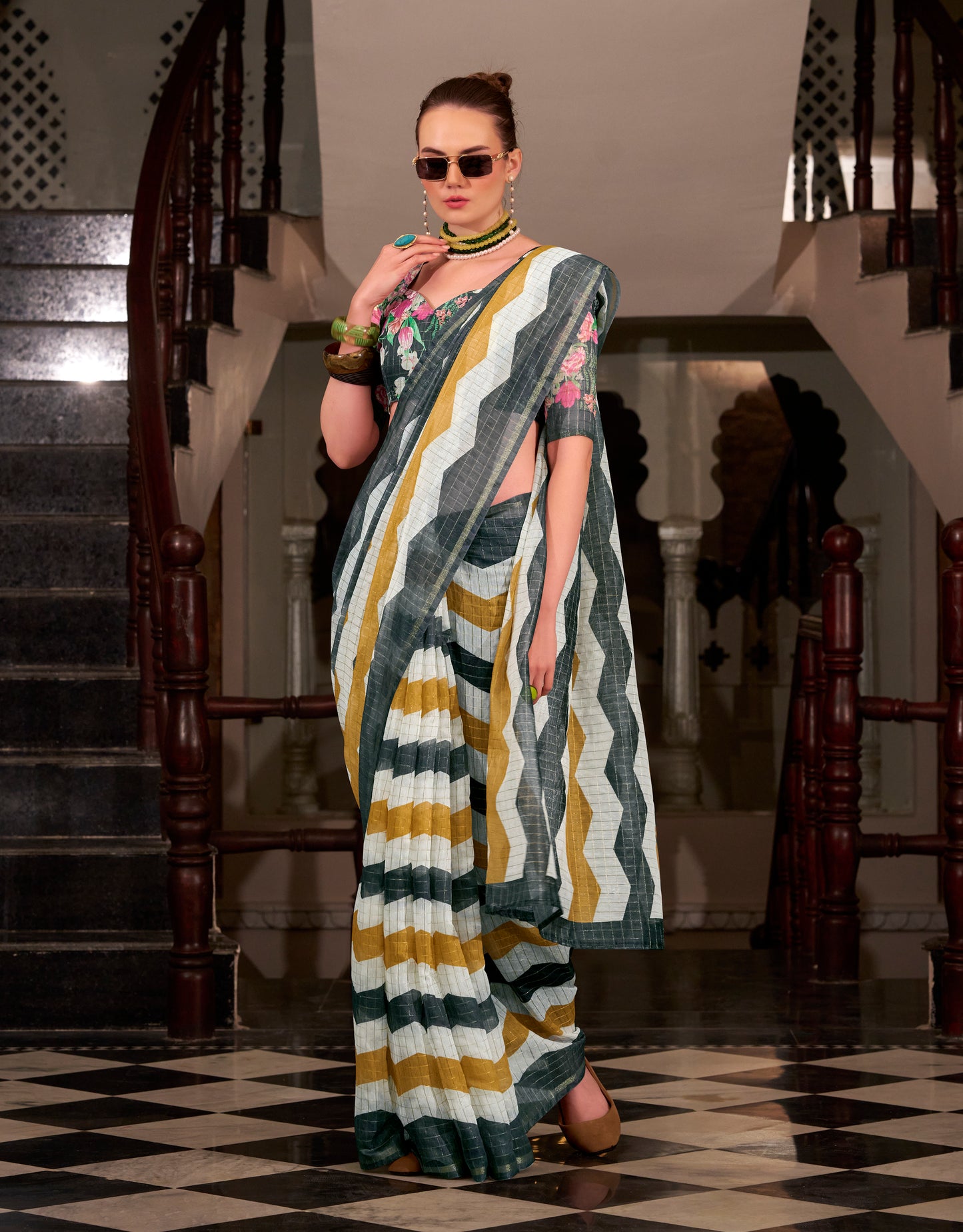 Grey Silk Cotton Office Wear Readymade/Easy Saree