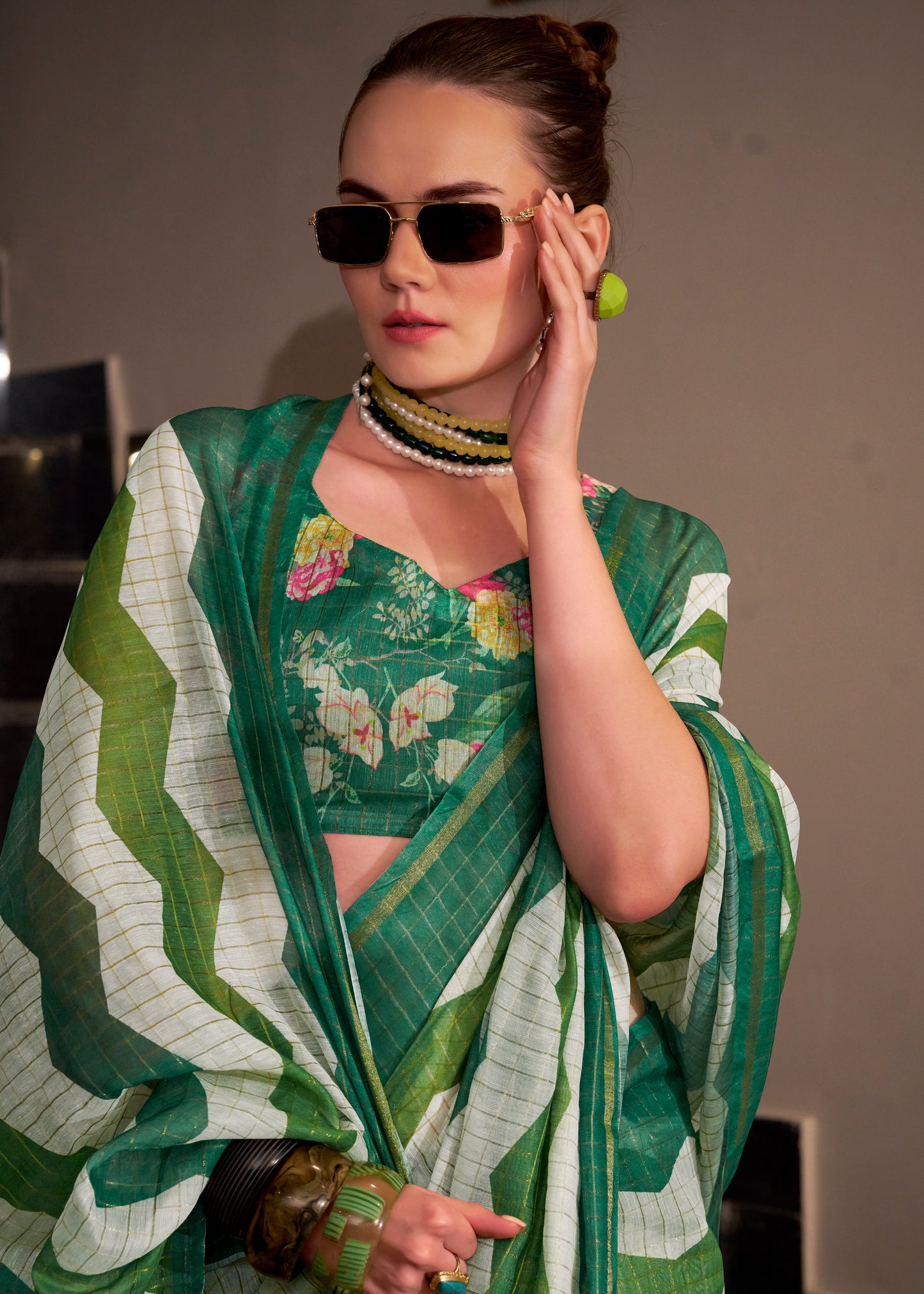 Green Silk Cotton Office Wear Readymade/Easy Saree