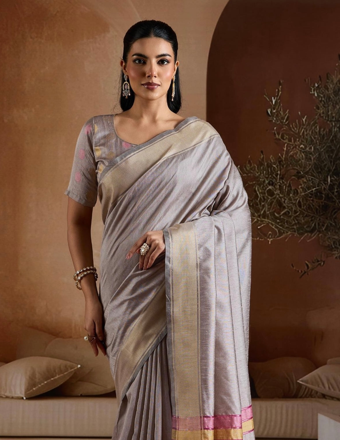 Grey Color Raw Silk Readymade/Easy Saree