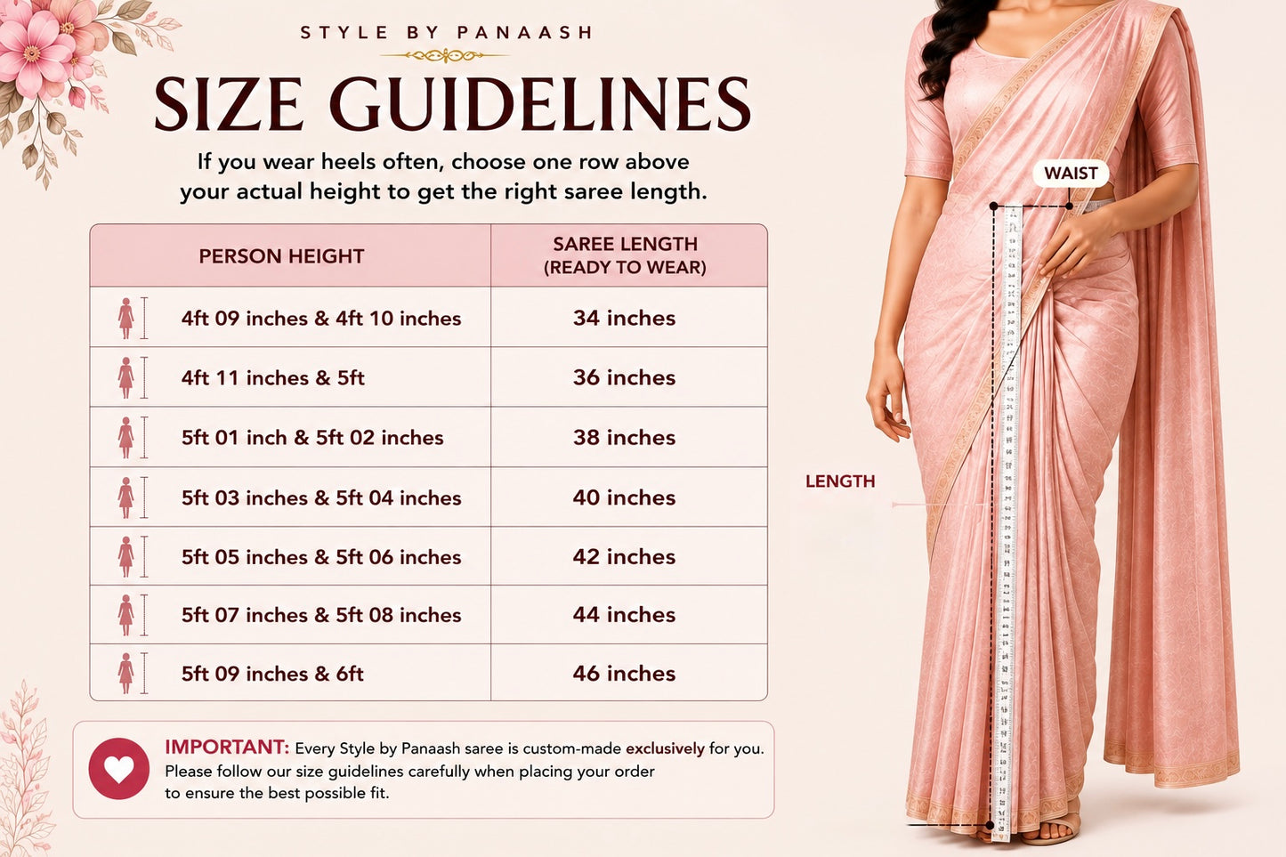 Ready-to-wear saree in rose-toned modal-silk, draped wrap with waist panel and belt