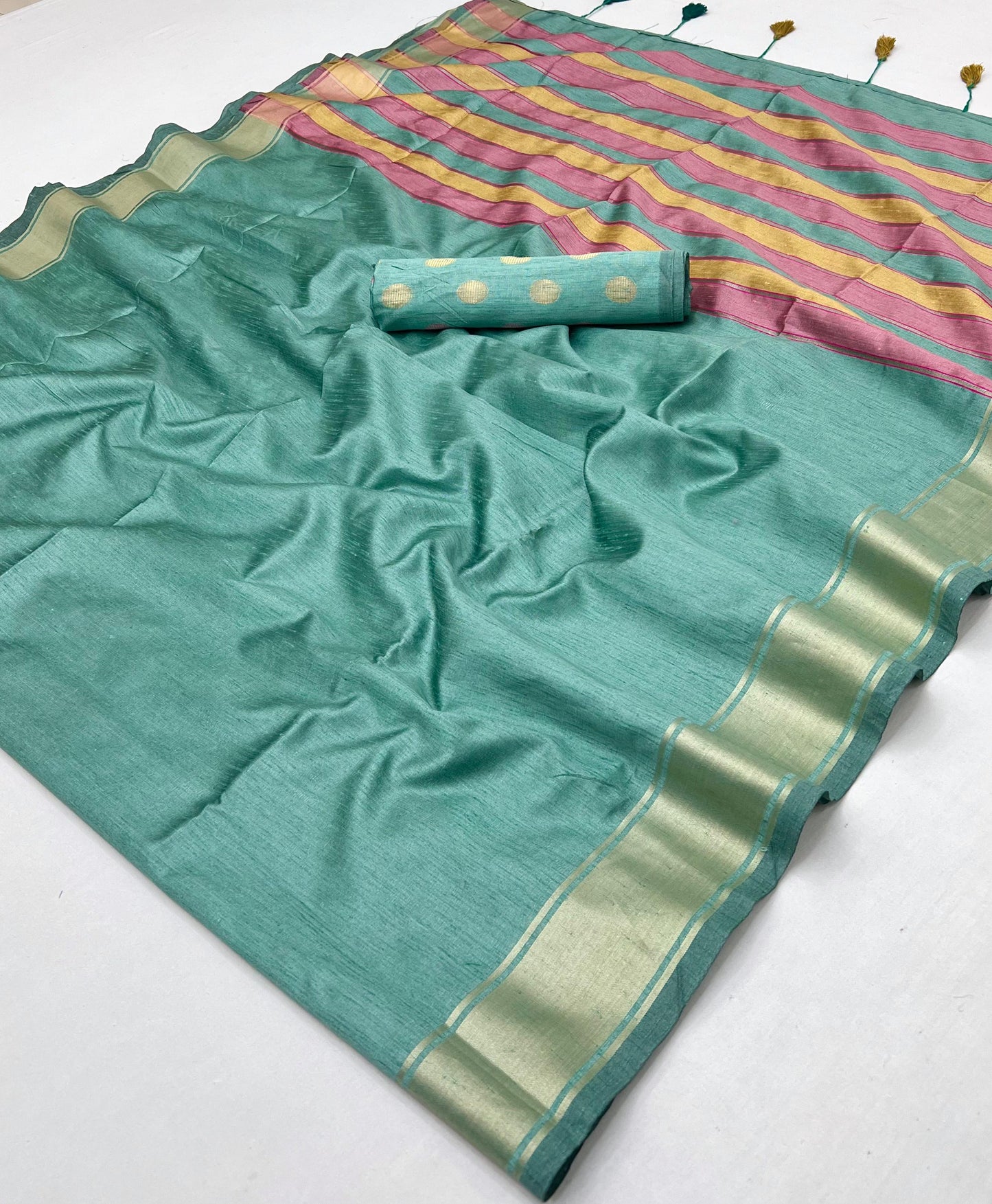 Turquoise Color Raw Silk Readymade/Easy Saree