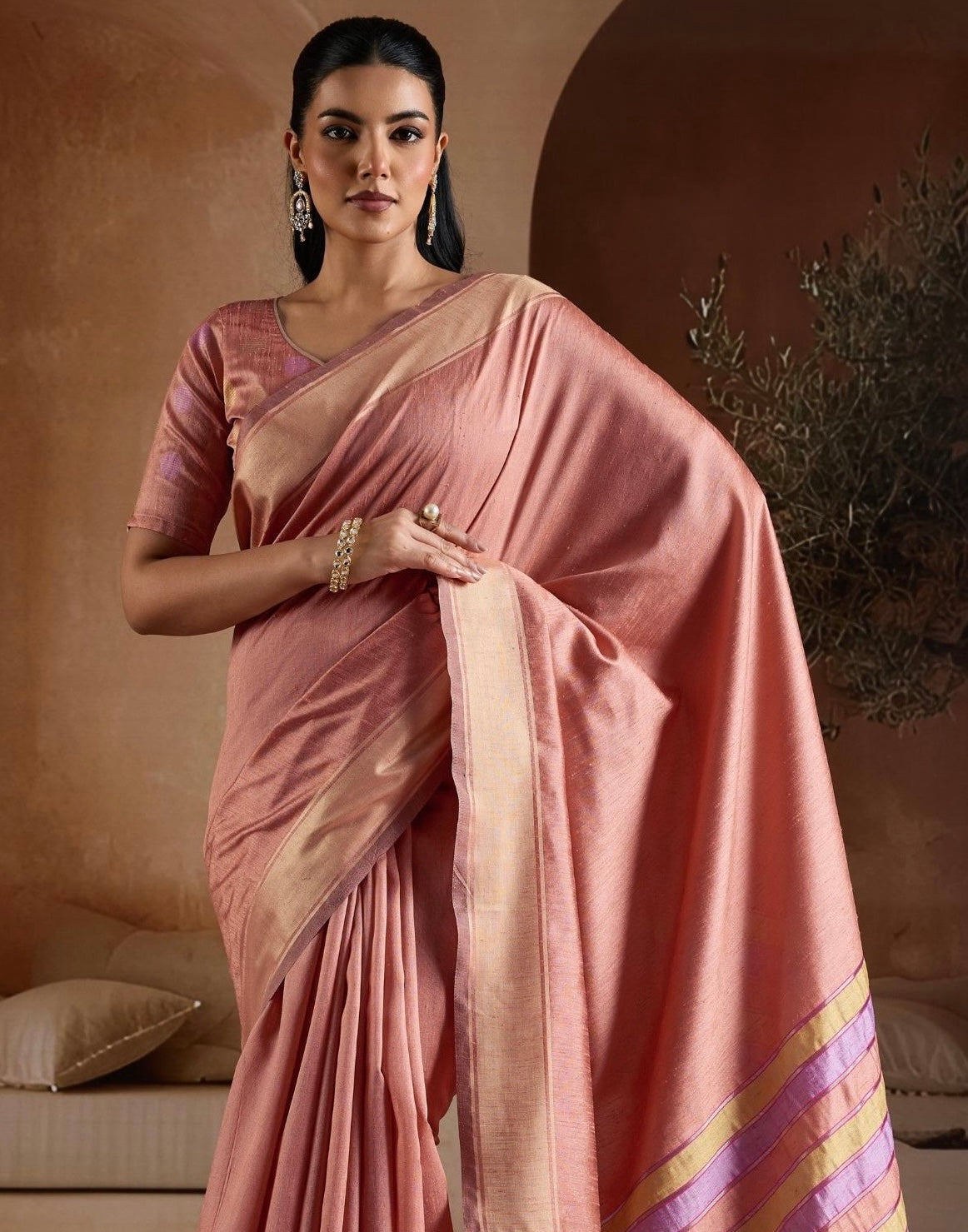 Mauve Color Raw Silk Readymade/Easy Saree