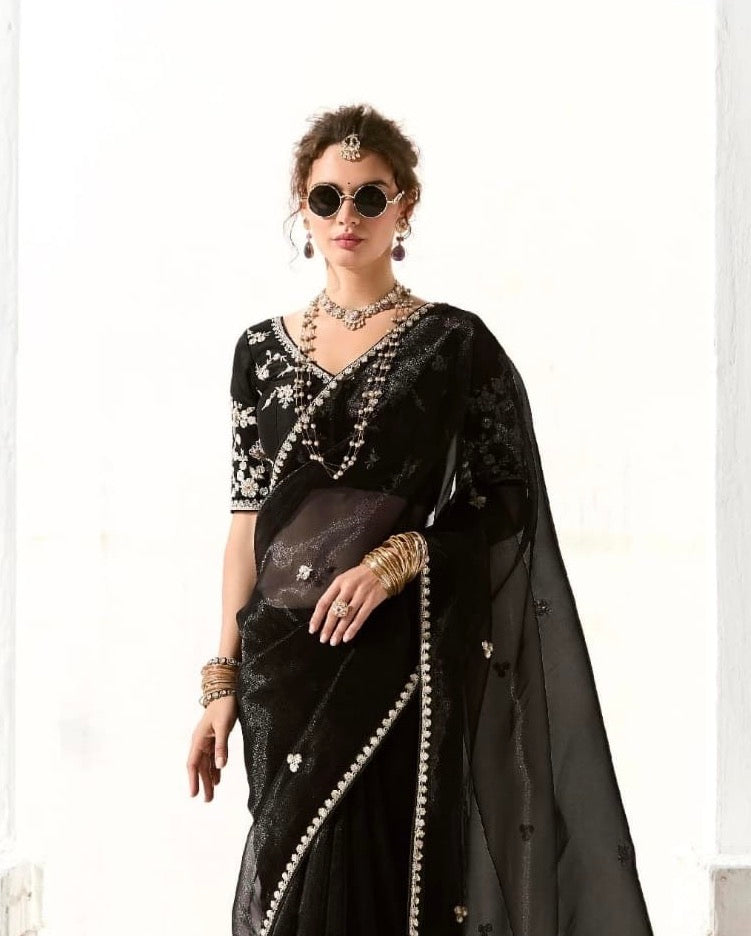 Black Organza Readymade Saree With Fancy Blouse Piece