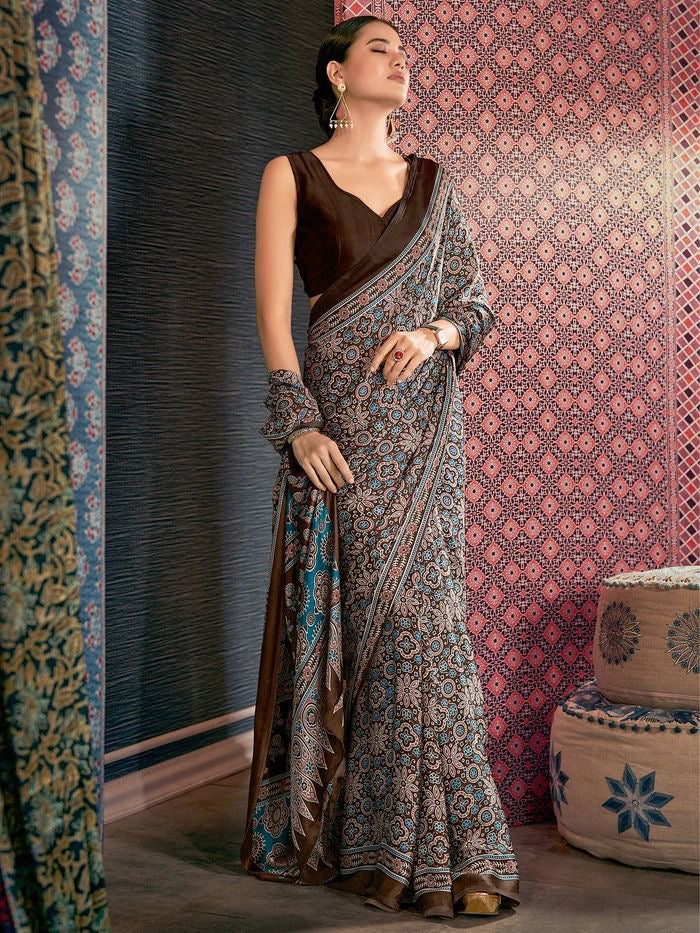 Plus Size Brown Color Crepe Silk Readymade Saree - Panaash Saree