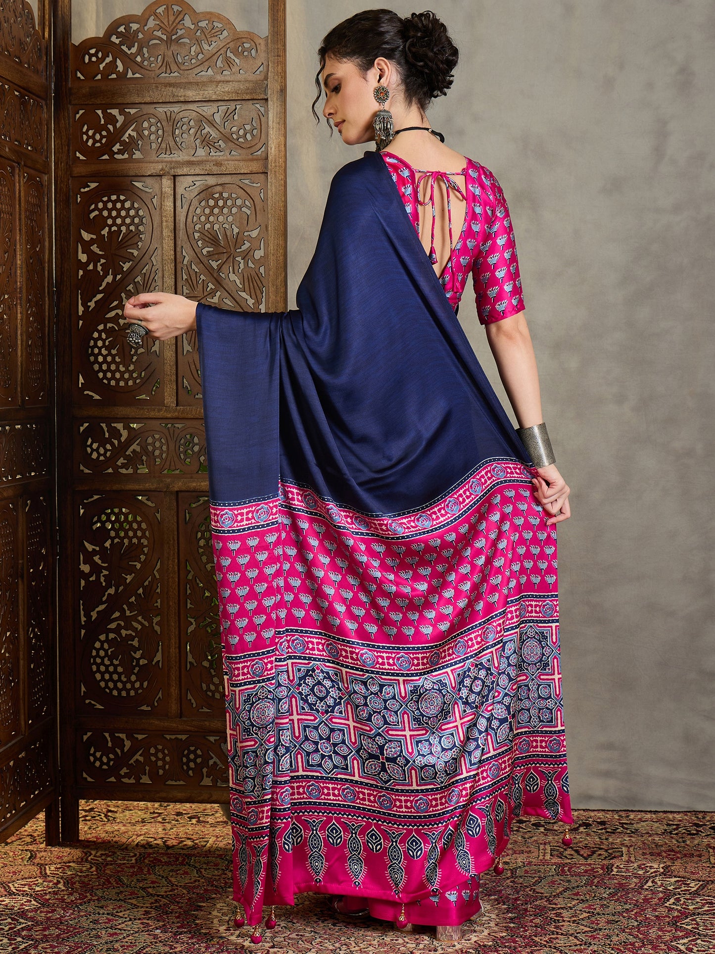 Navy Blue & Bright Pink Crepe Silk Readymade/Easy Saree - Panaash Saree