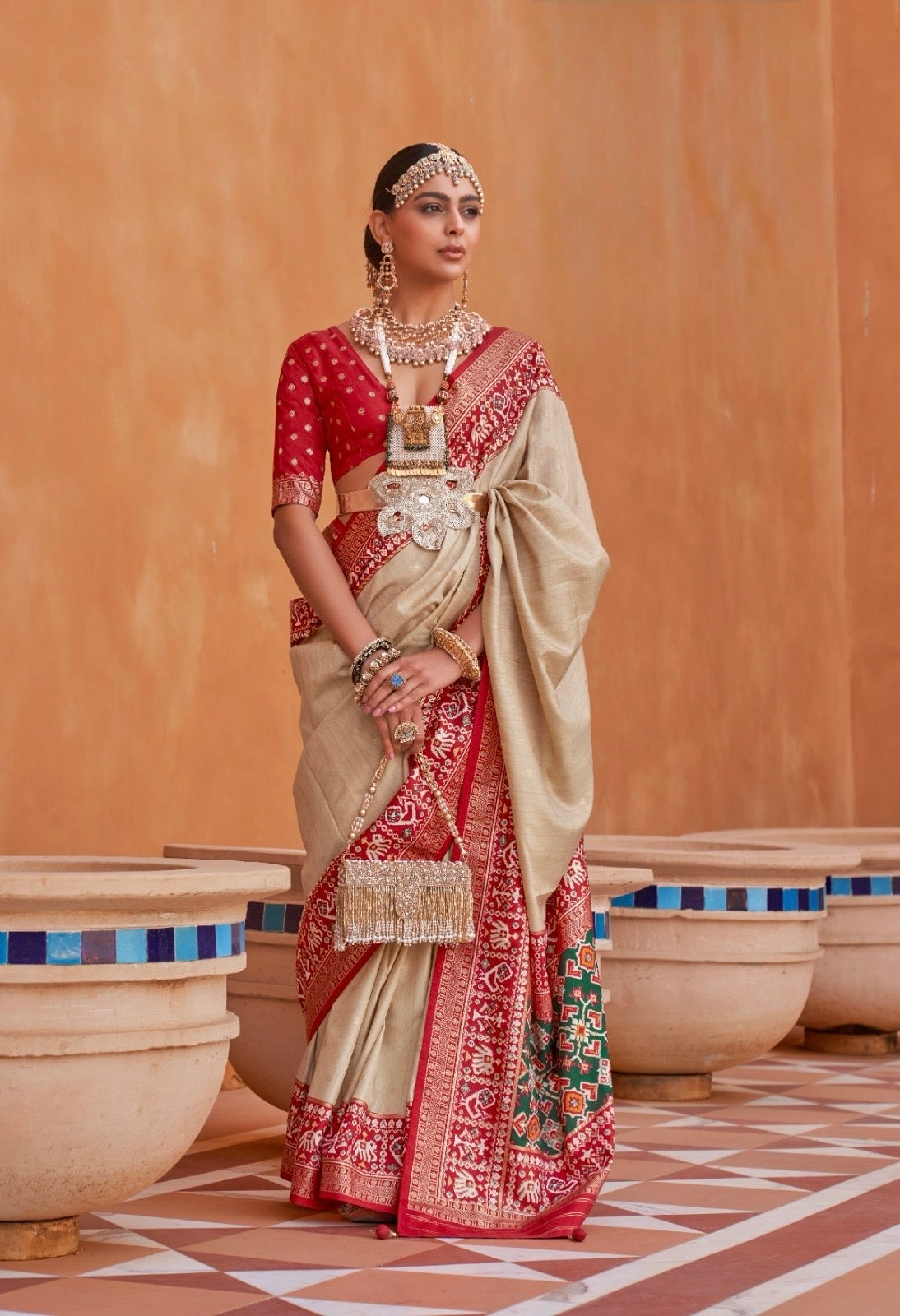 Beige Color Patola Silk Readymade/Easy Saree