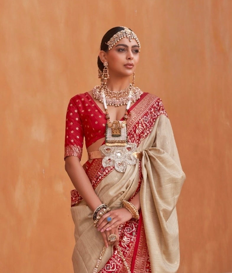 Beige Color Patola Silk Readymade/Easy Saree