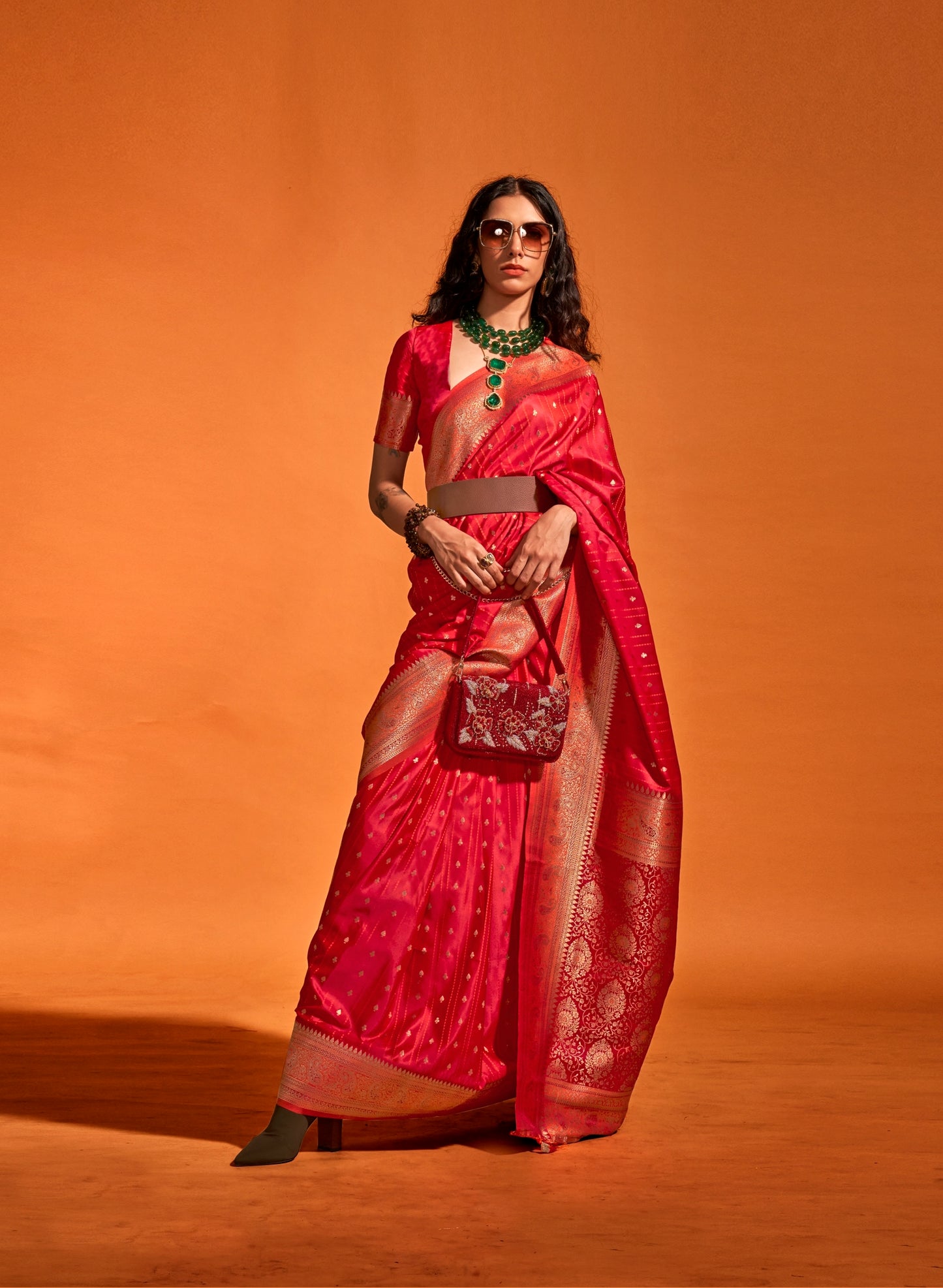 Red Satin Silk Readymade Saree - Panaash Saree