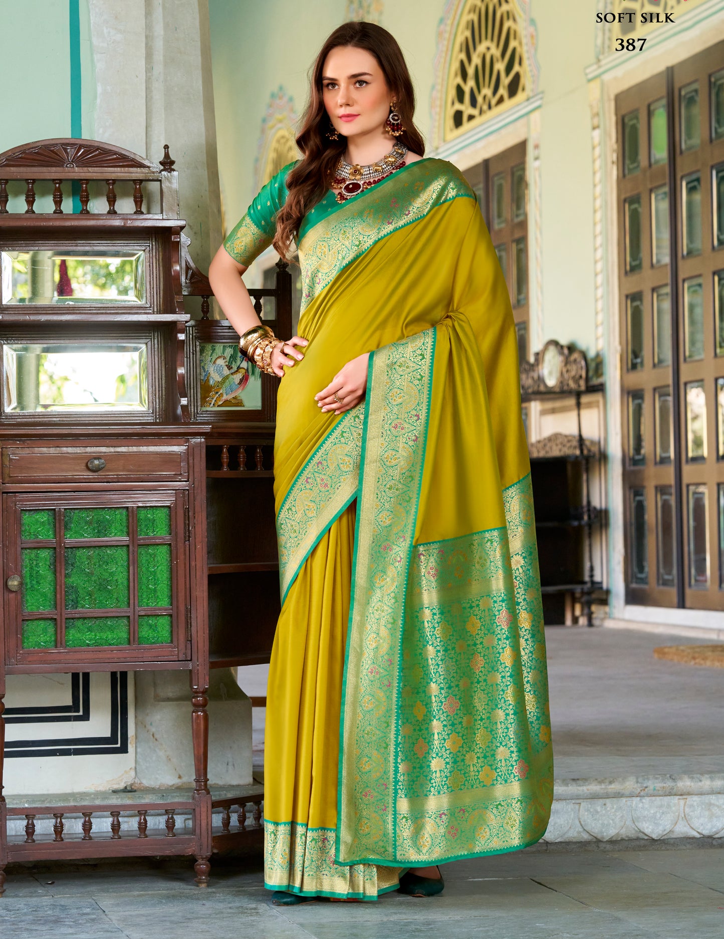 Green Soft Silk Readymade/Easy Saree