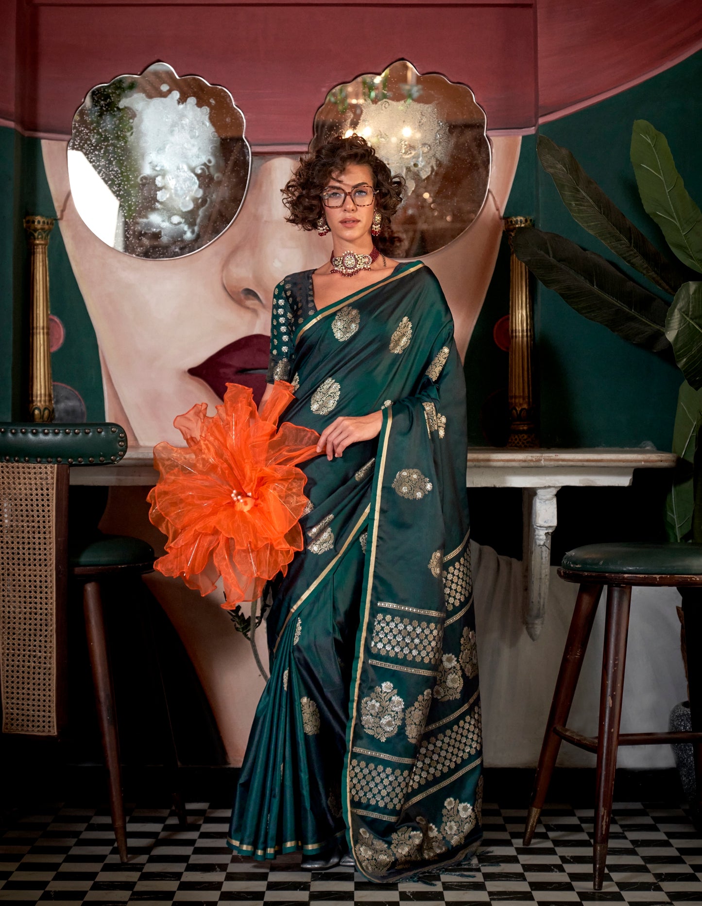 Bottle Green Satin Silk Readymade Saree - Panaash Saree