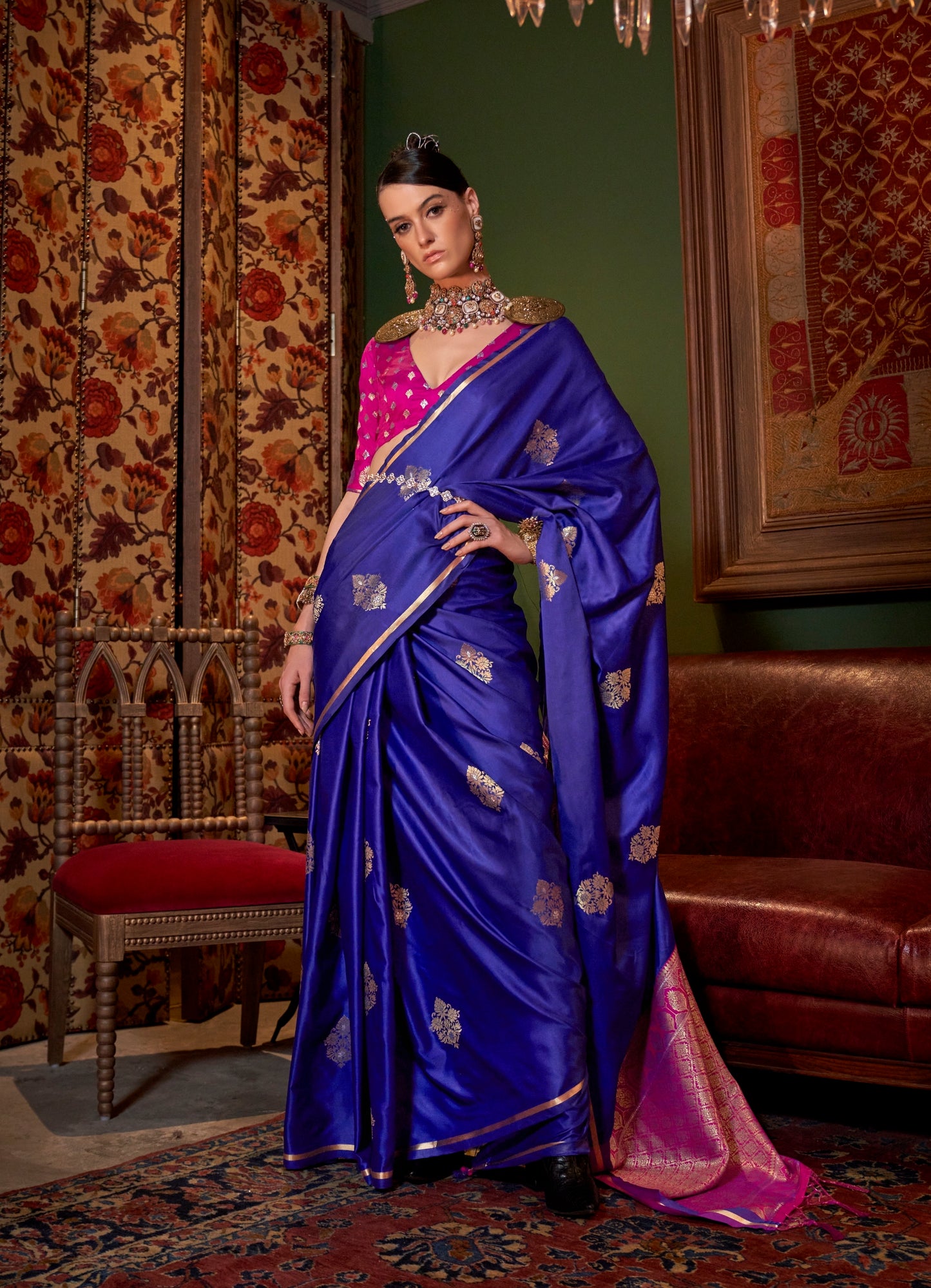 Indigo Blue Color Satin Silk Readymade/Easy Saree