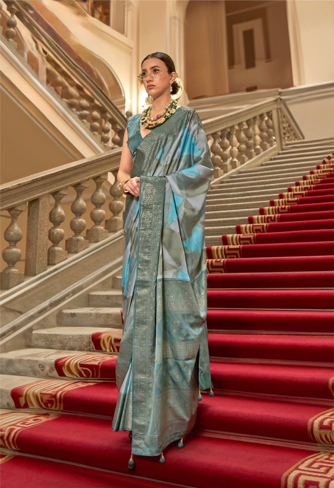Blue Color Satin Silk Readymade/Easy Saree