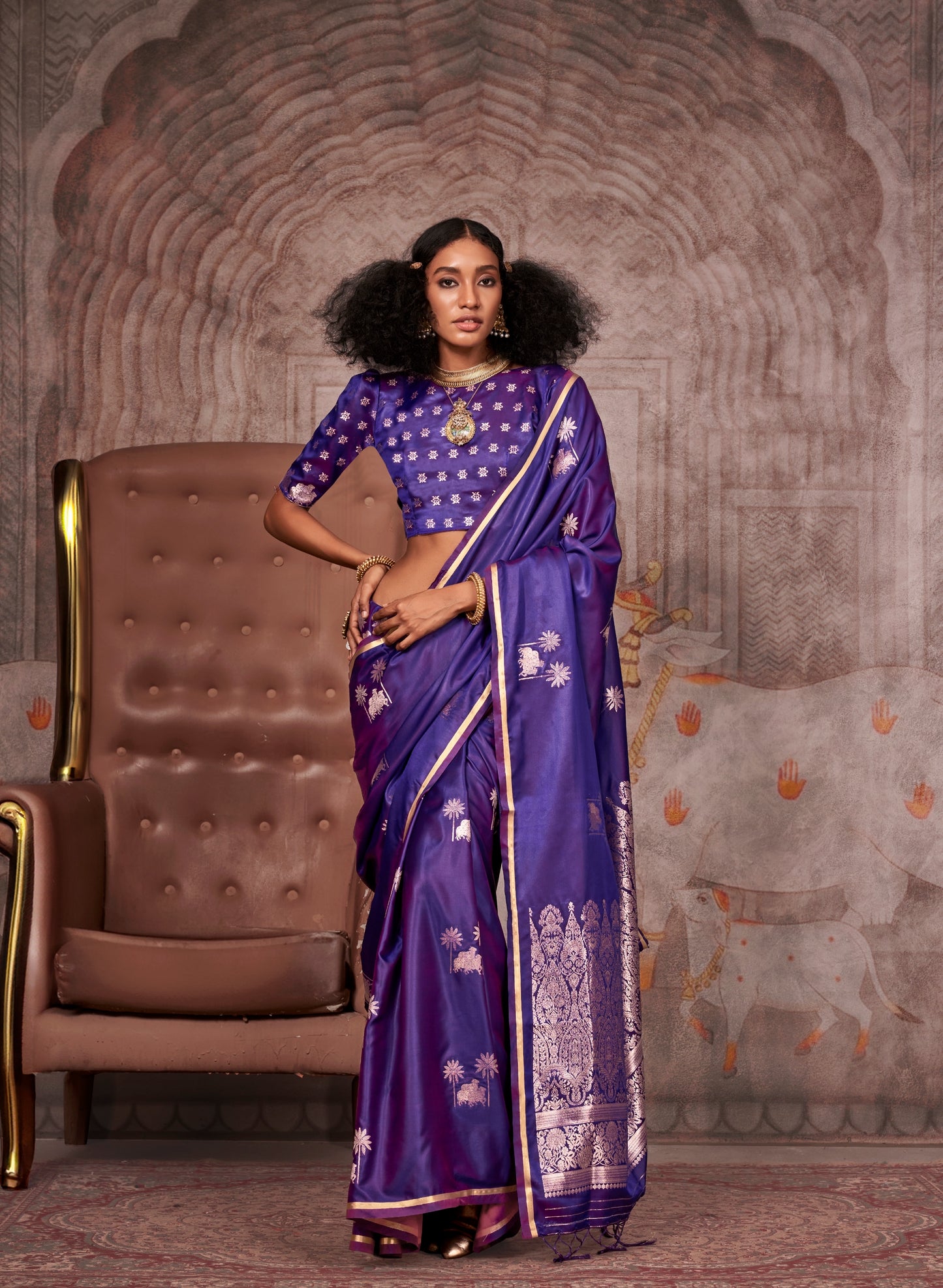 Purple Color Satin Silk Readymade/Easy Saree