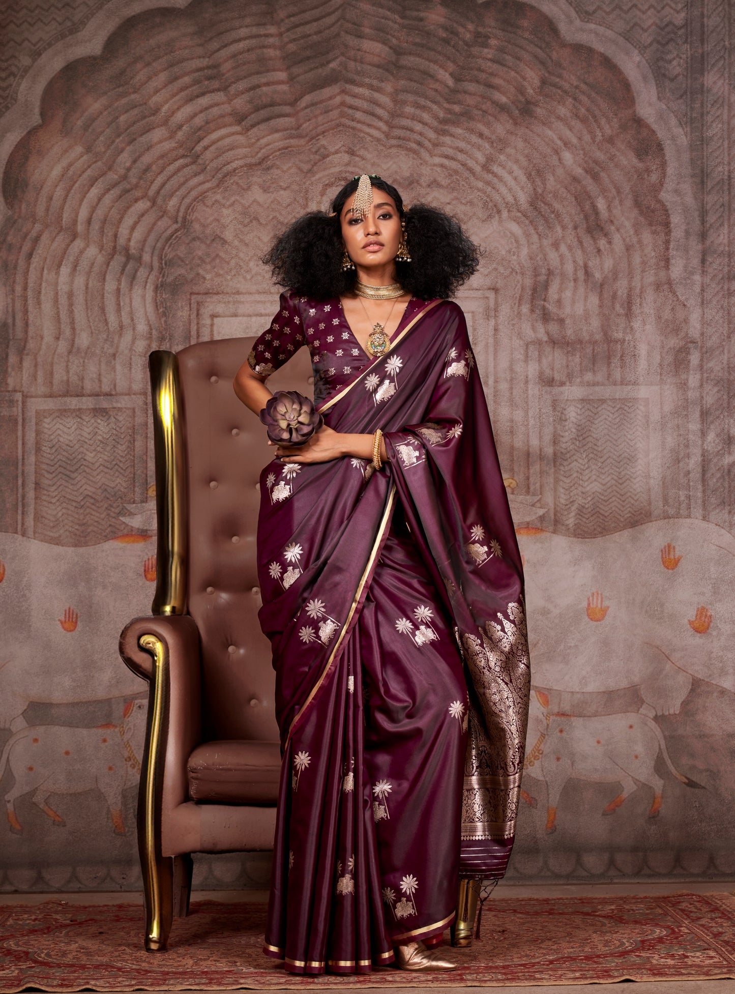 Burgundy Color Satin Silk Readymade/Easy Saree