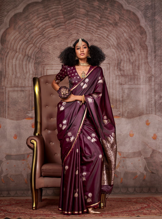 Burgundy Color Satin Silk Readymade/Easy Saree