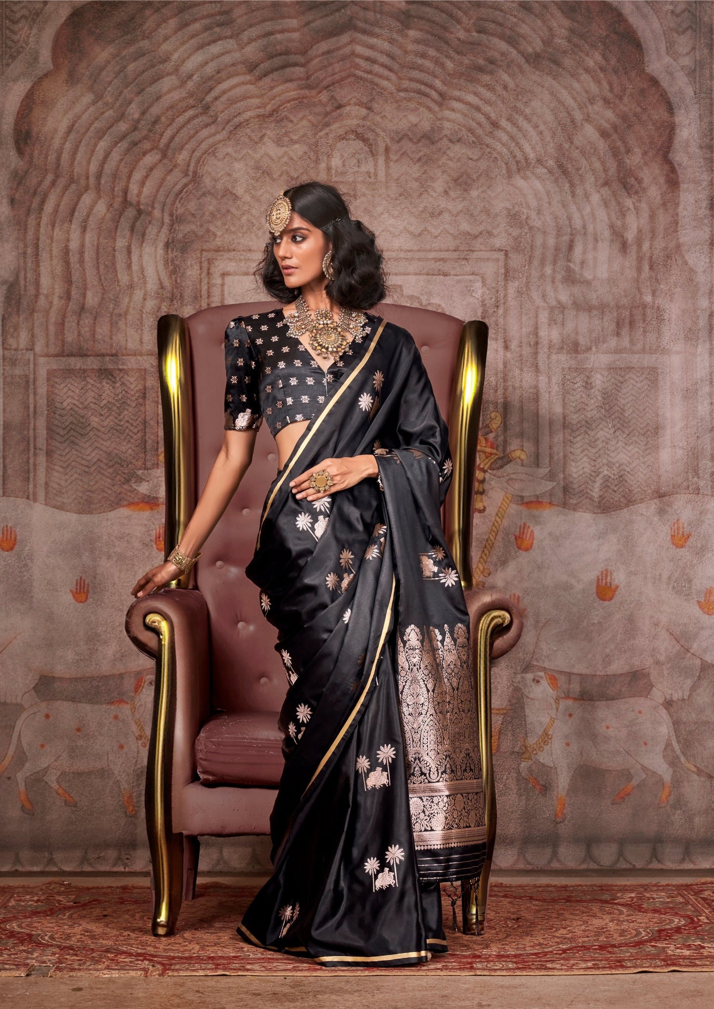 Black Color Satin Silk Readymade/Easy Saree