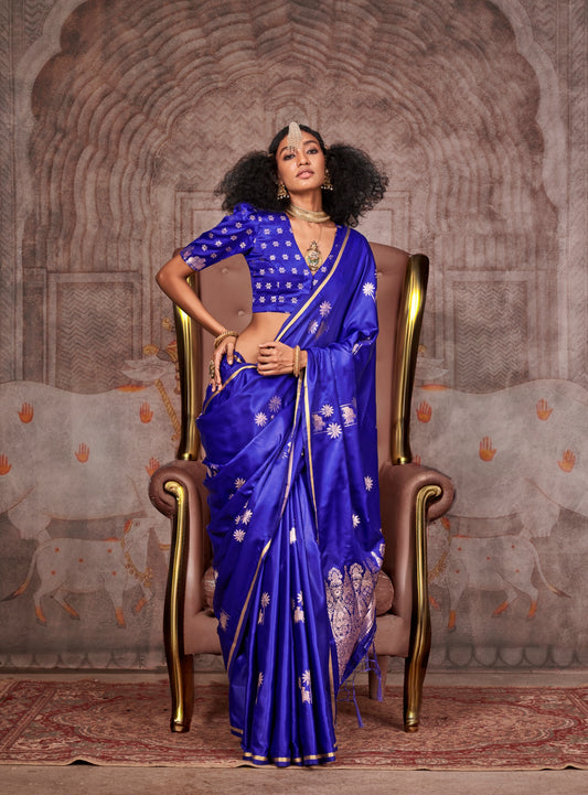 Royal Blue Color Satin Silk Readymade/Easy Saree