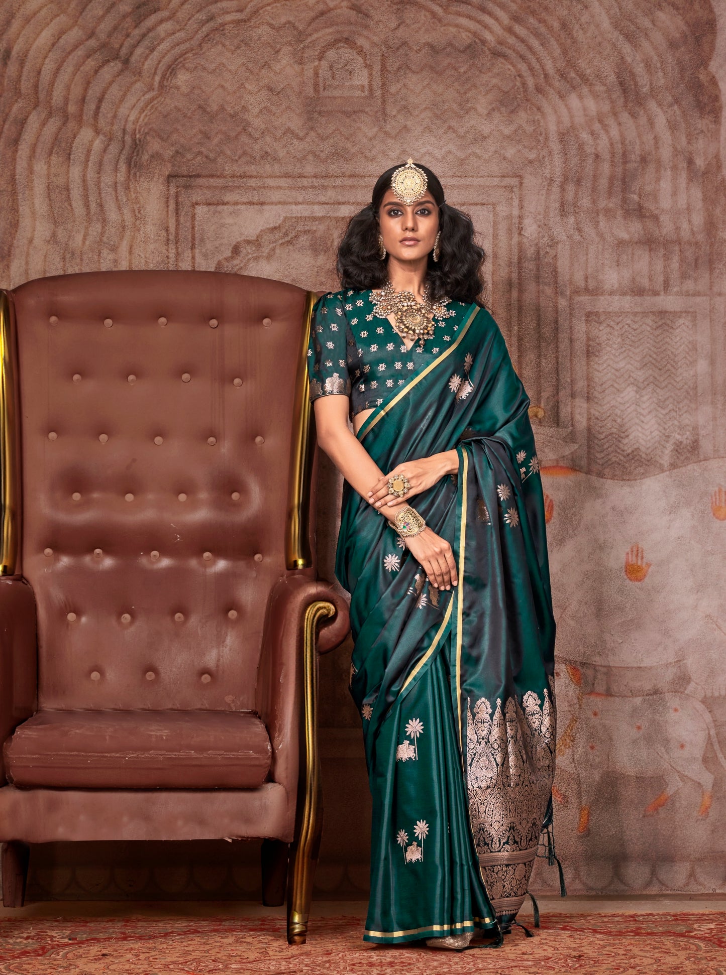 Green Color Satin Silk Readymade/Easy Saree