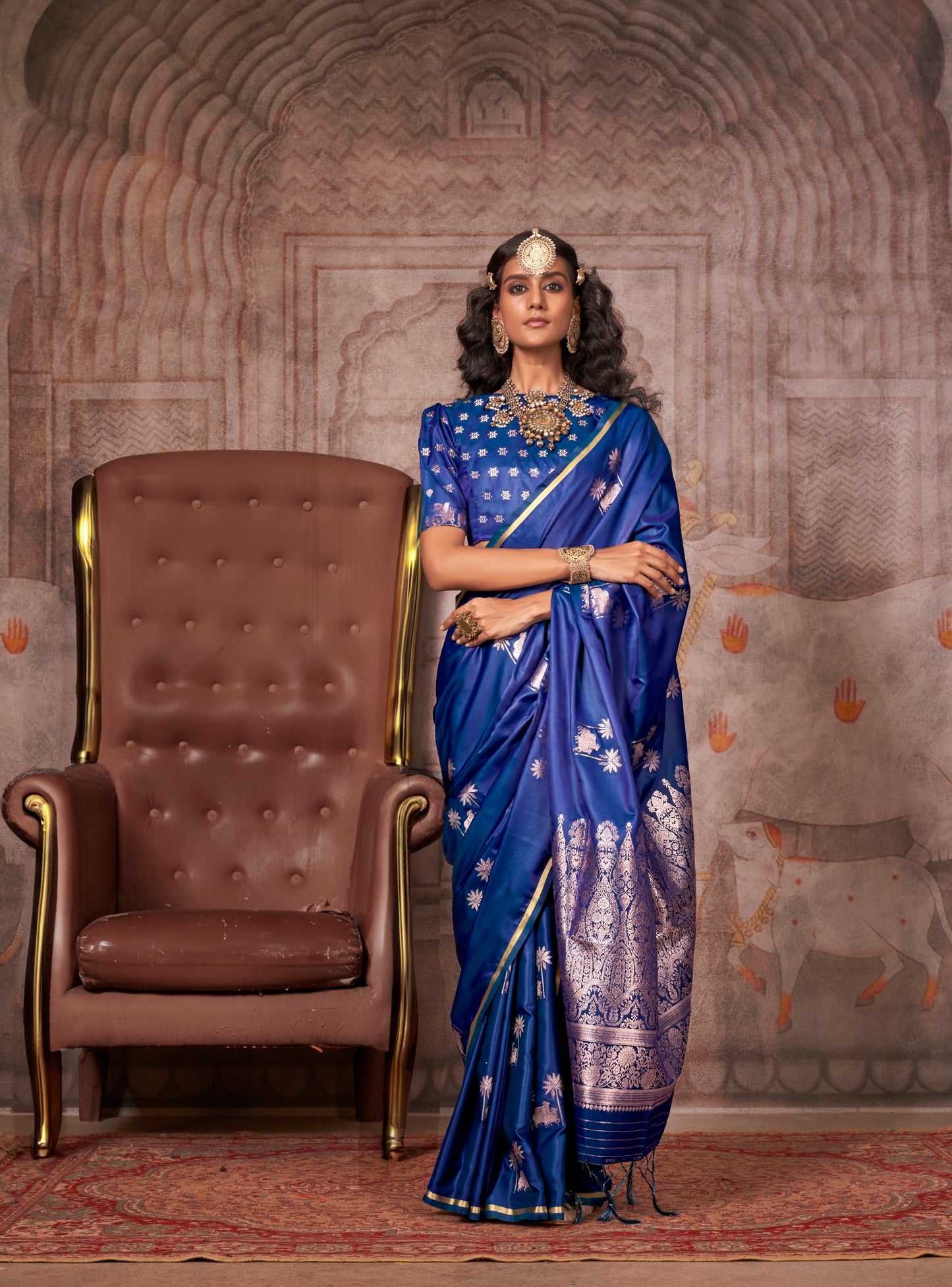 Blue Color Satin Silk Readymade/Easy Saree