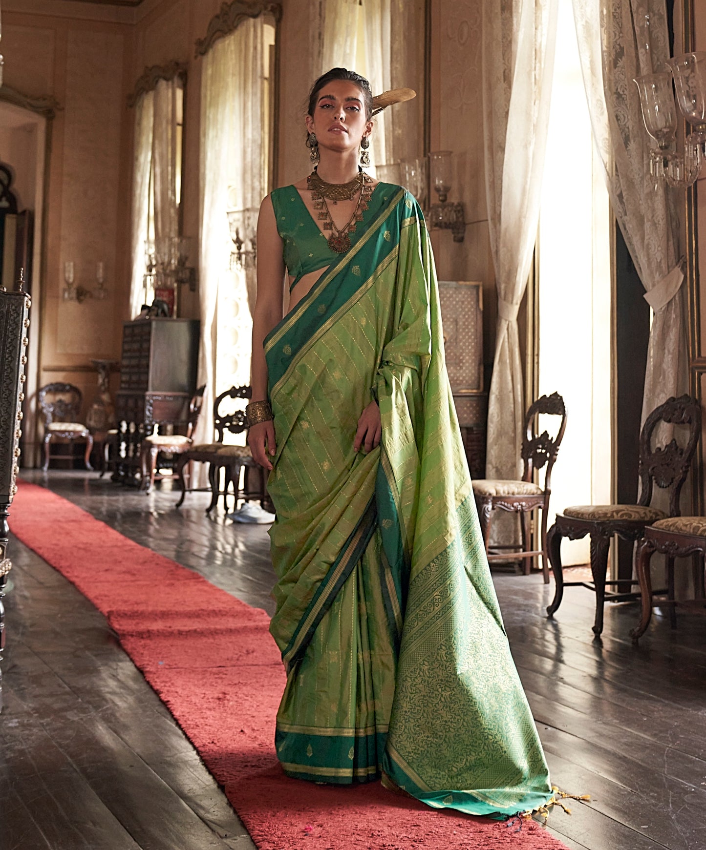Green Kanjivaram Silk Readymade/Easy Saree