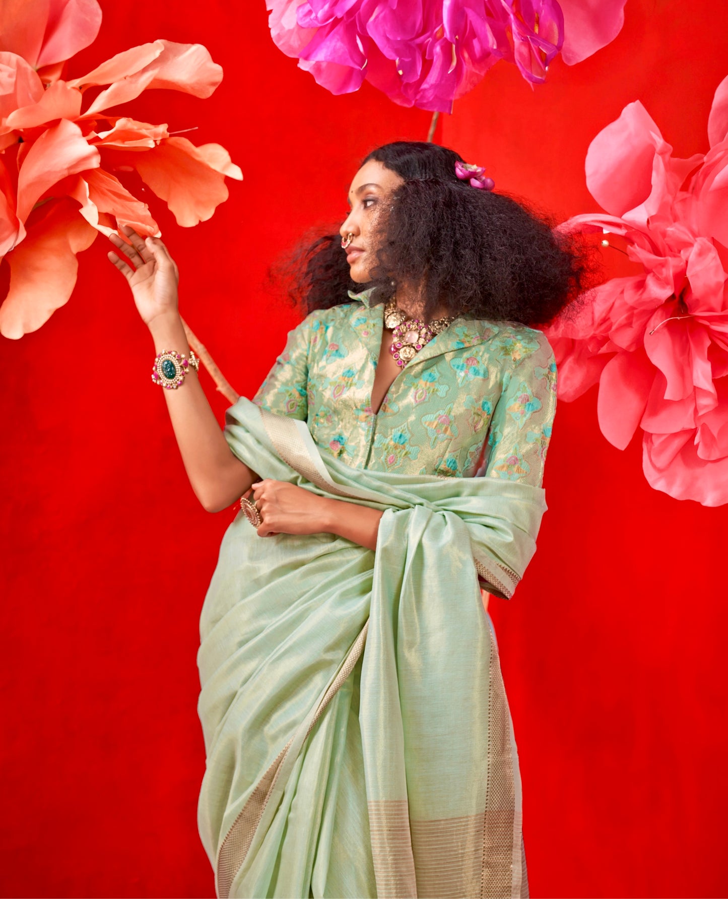 Mint Green Color Silk Readymade/Easy Saree With Fancy Unstitched Blouse