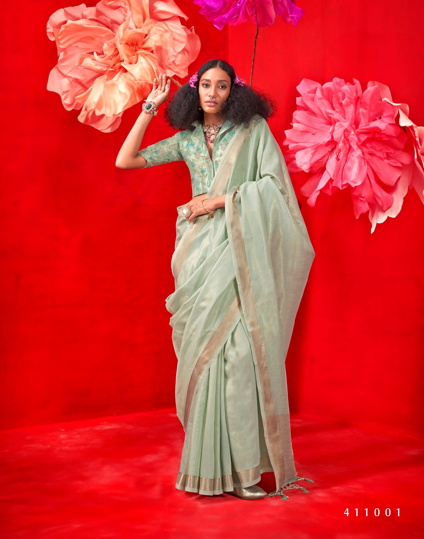 Mint Green Color Silk Readymade/Easy Saree With Fancy Unstitched Blouse