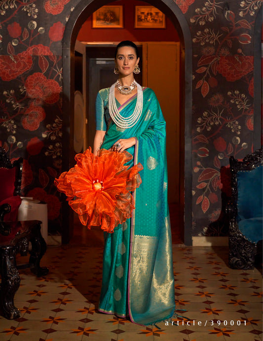 Turquoise Kanjivaram Silk Readymade/Easy Saree - Panaash Saree