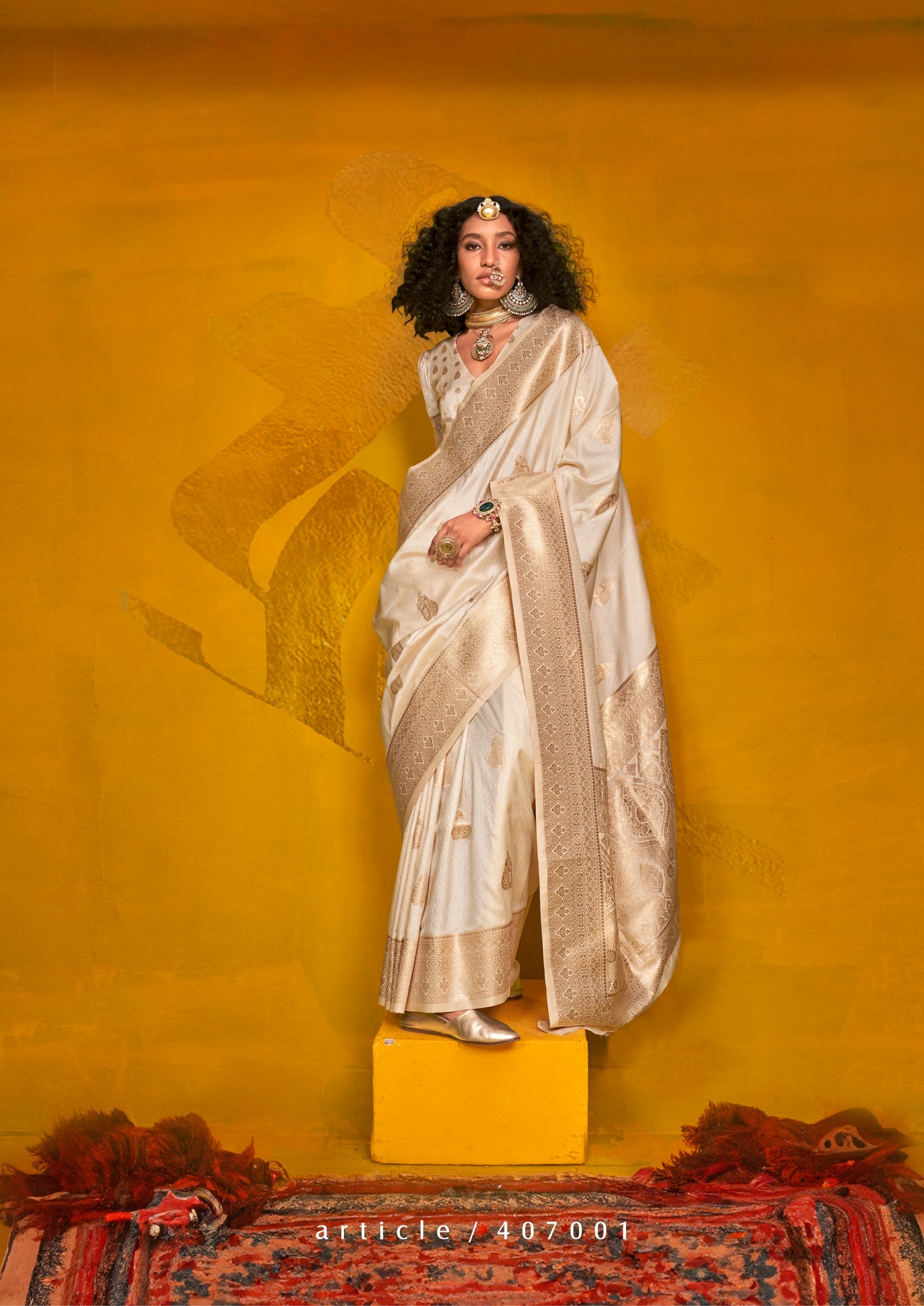 Off White Kanjivaram Silk Readymade/Easy Saree