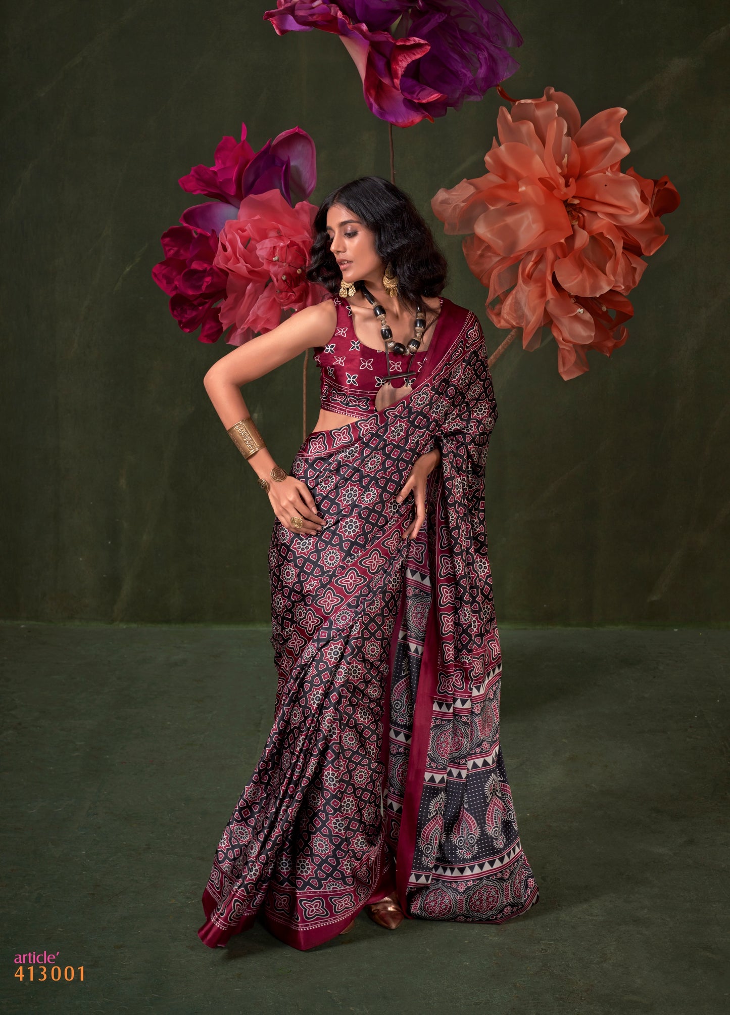 Maroon Crepe Calm – Readymade Ajrakh Saree