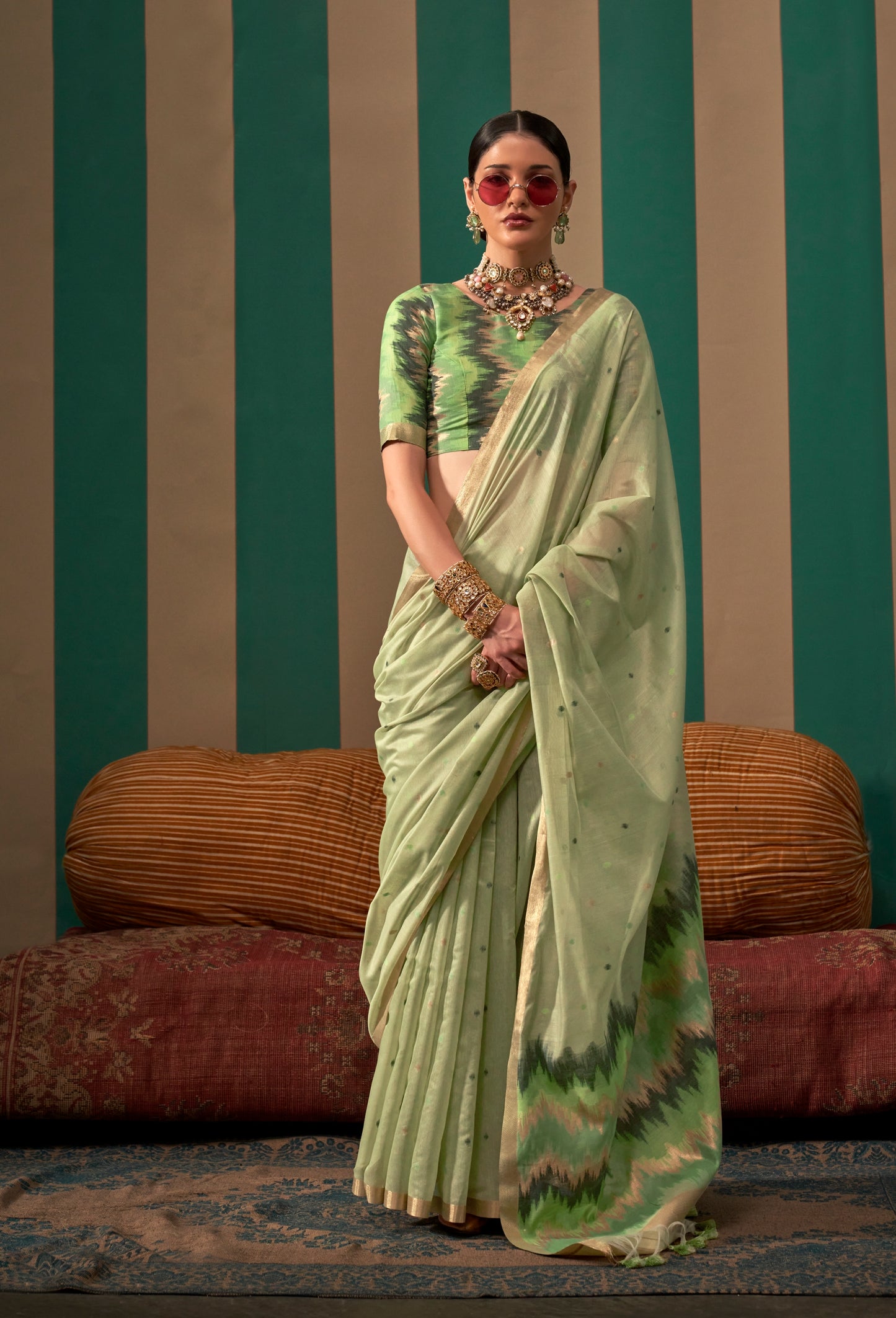 Green Color Spun Silk Readymade/Easy Saree